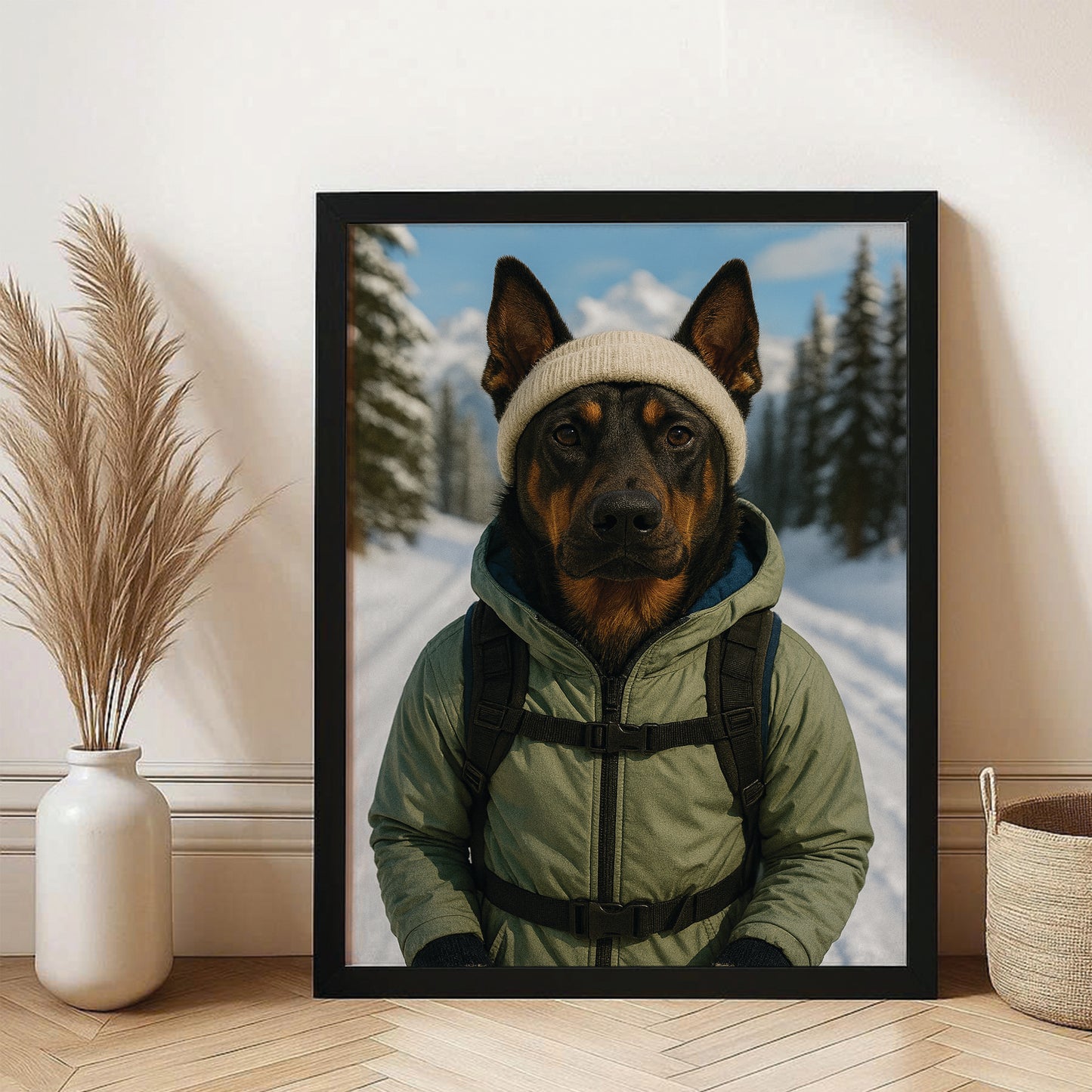 Custom Photo Winter Hiker Dog Canvas Framed Wall Art Gift For Dog Lovers