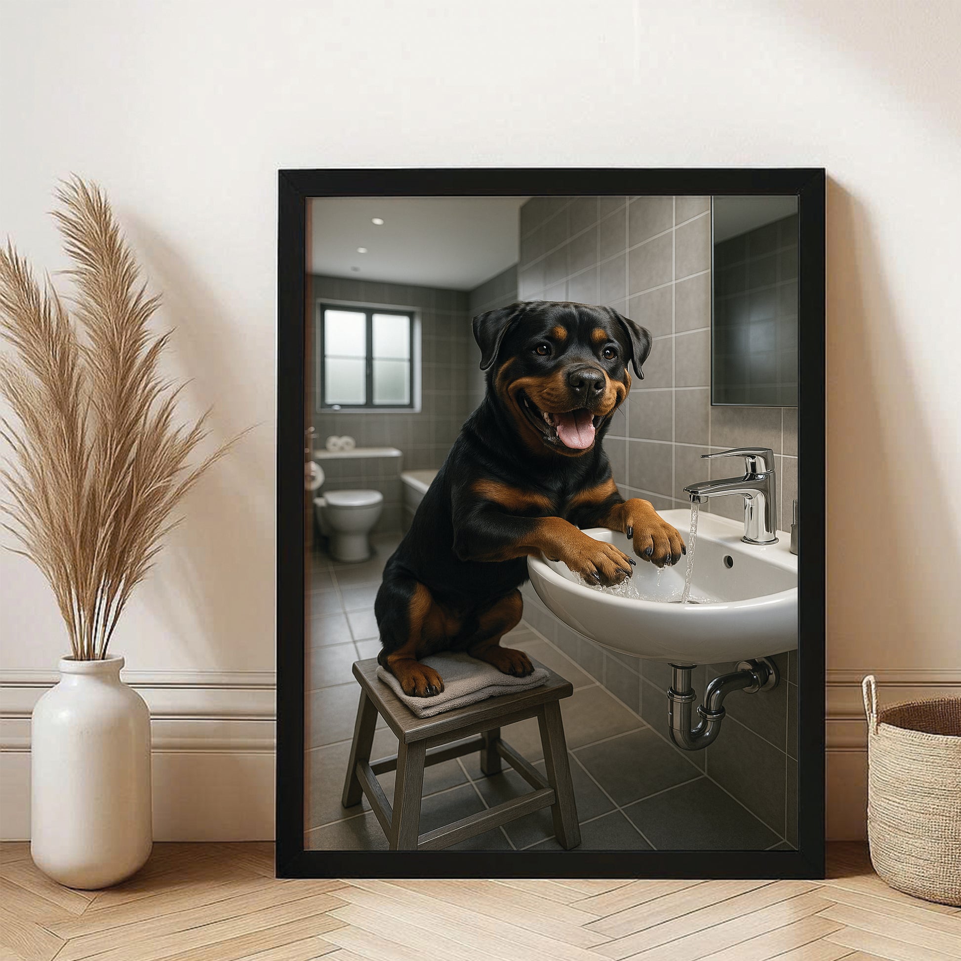 Custom Photo Dog In Bathroom Style 1 Canvas Framed Wall Art Gift For Dog Lovers
