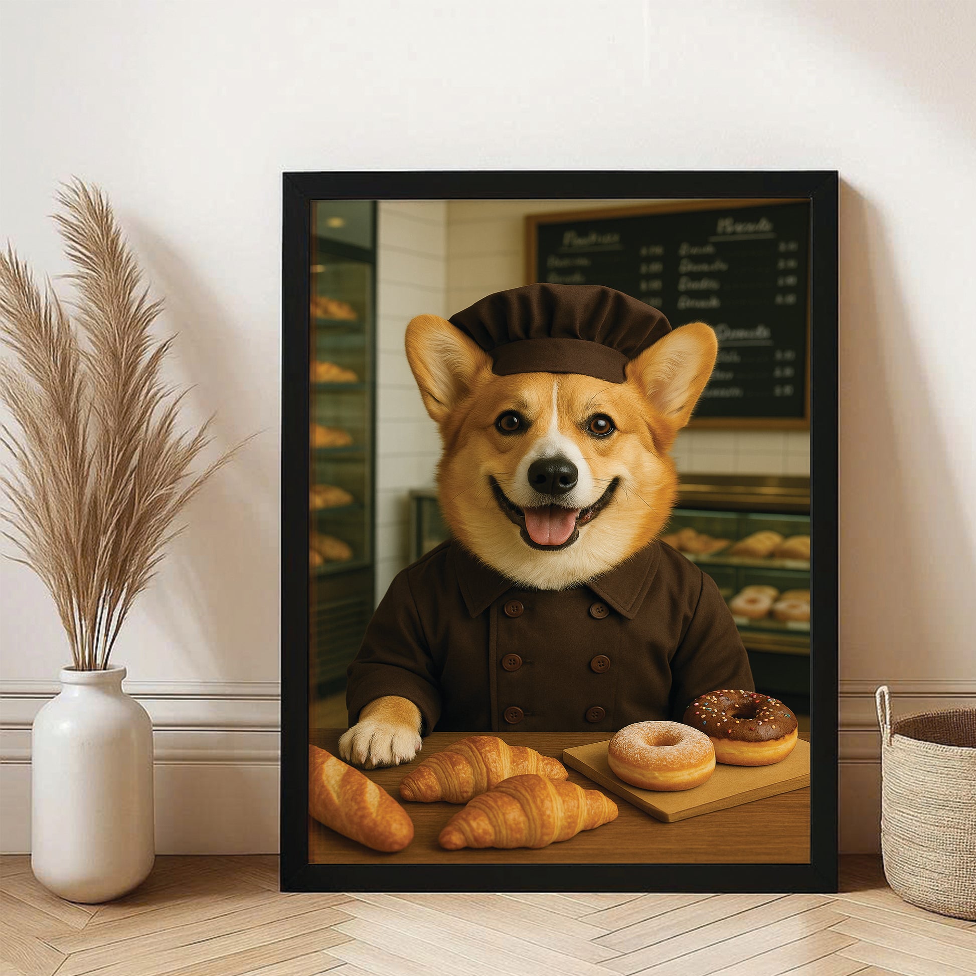 Custom Photo Baker Corgi Dog Canvas Framed Wall Art Gift For Dog Lovers