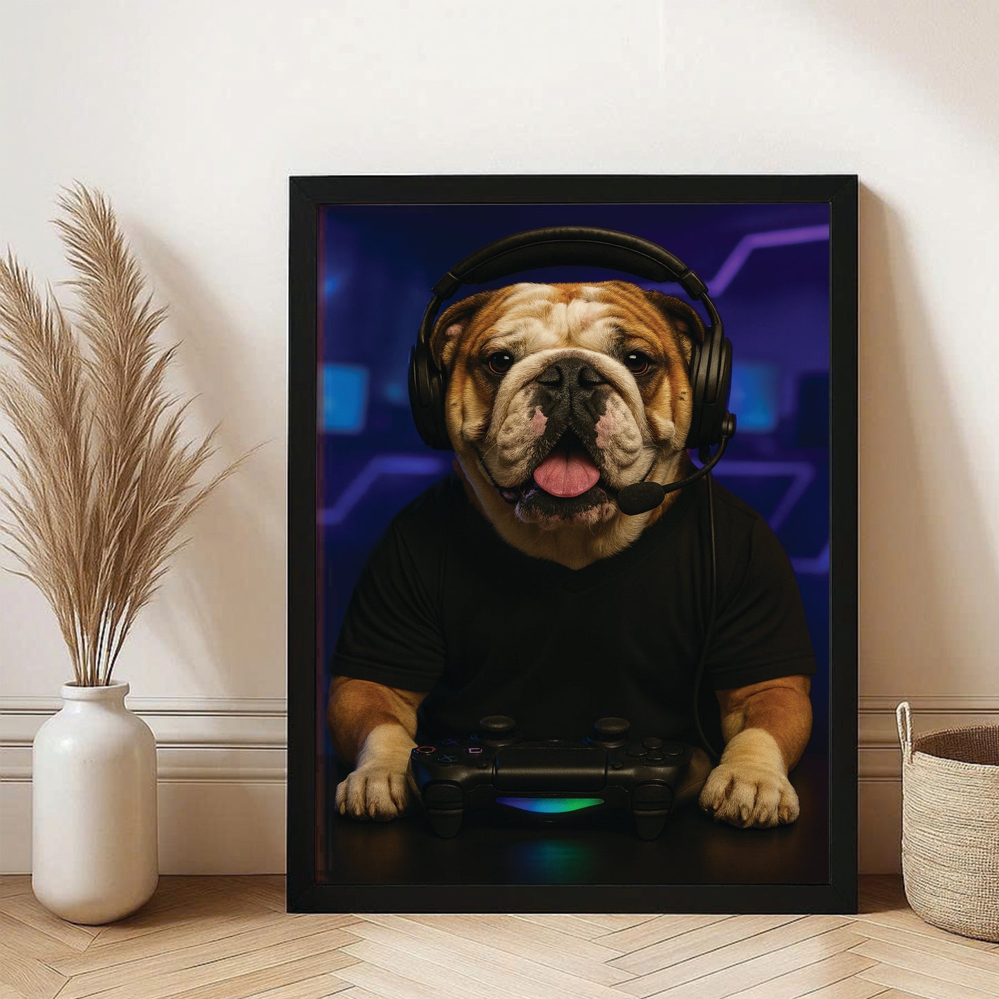 Custom Photo Gamer Dog Canvas Framed Wall Art Gift For Dog Lovers