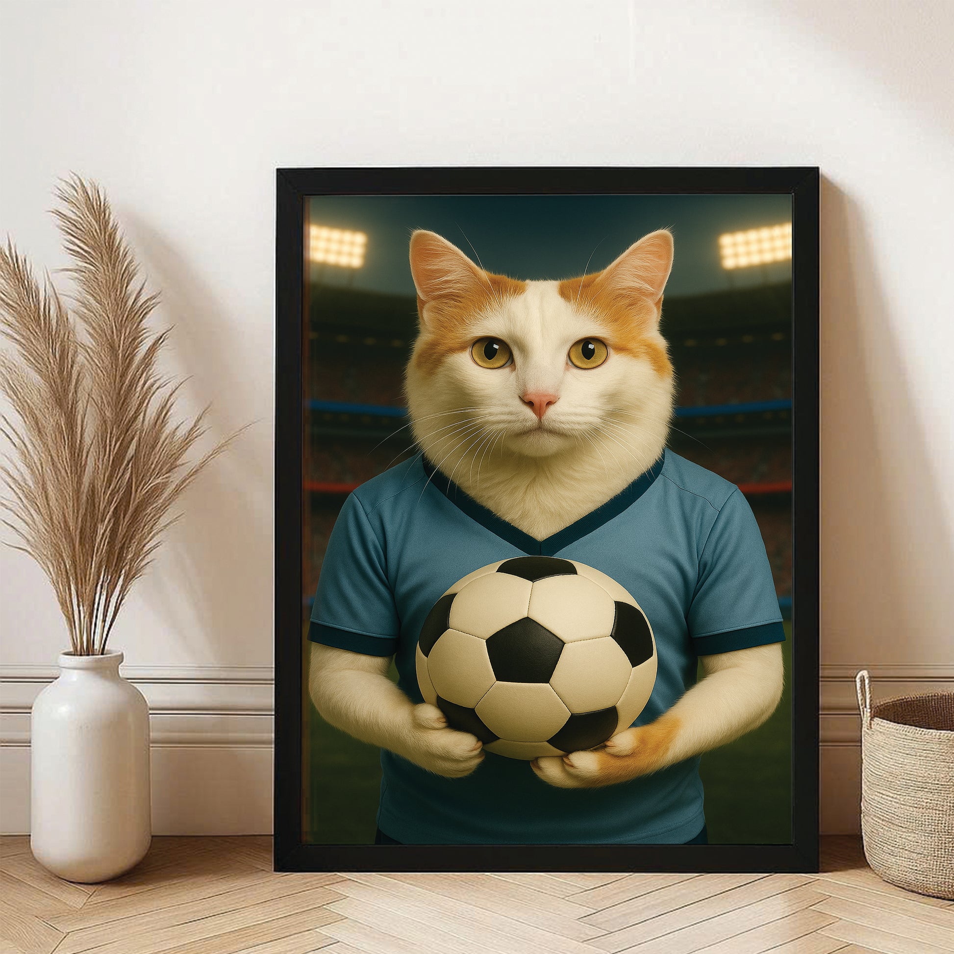 Custom Photo Soccer Cat Canvas Framed Wall Art Gift For Cat Lovers