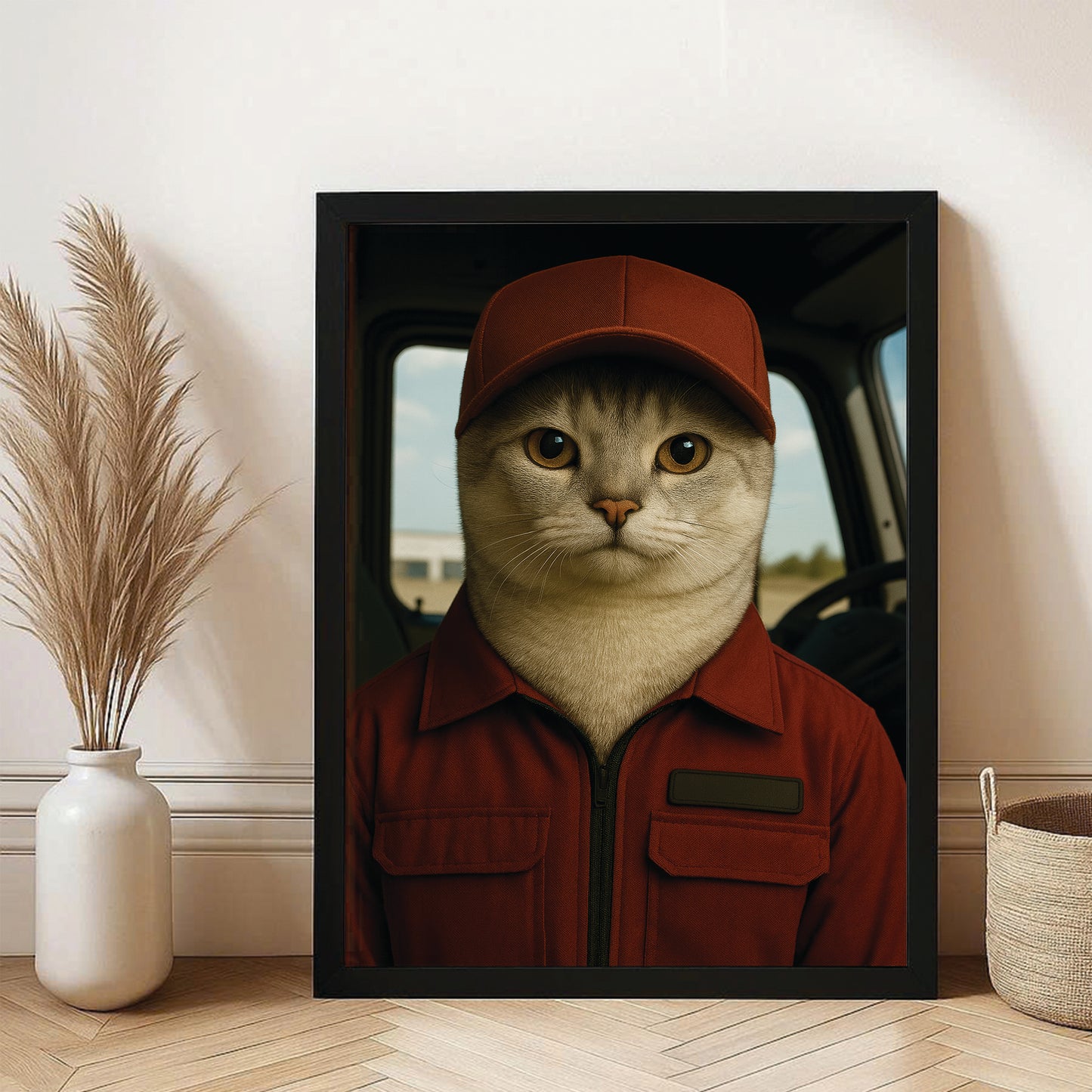 Custom Photo Trucker Driver Cat Canvas Framed Wall Art Gift For Cat Lovers