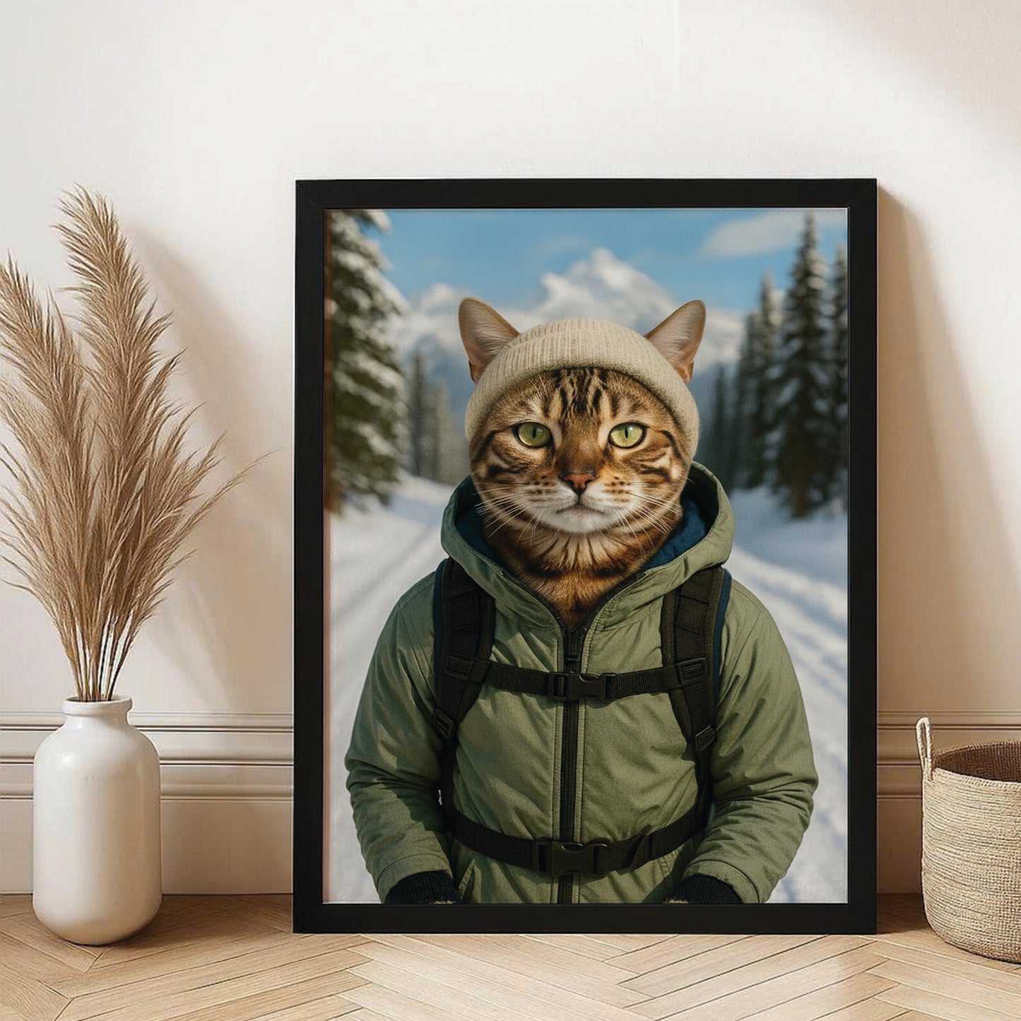 Custom Photo Winter Hiker Cat Canvas Framed Wall Art Gift For Cat Lovers