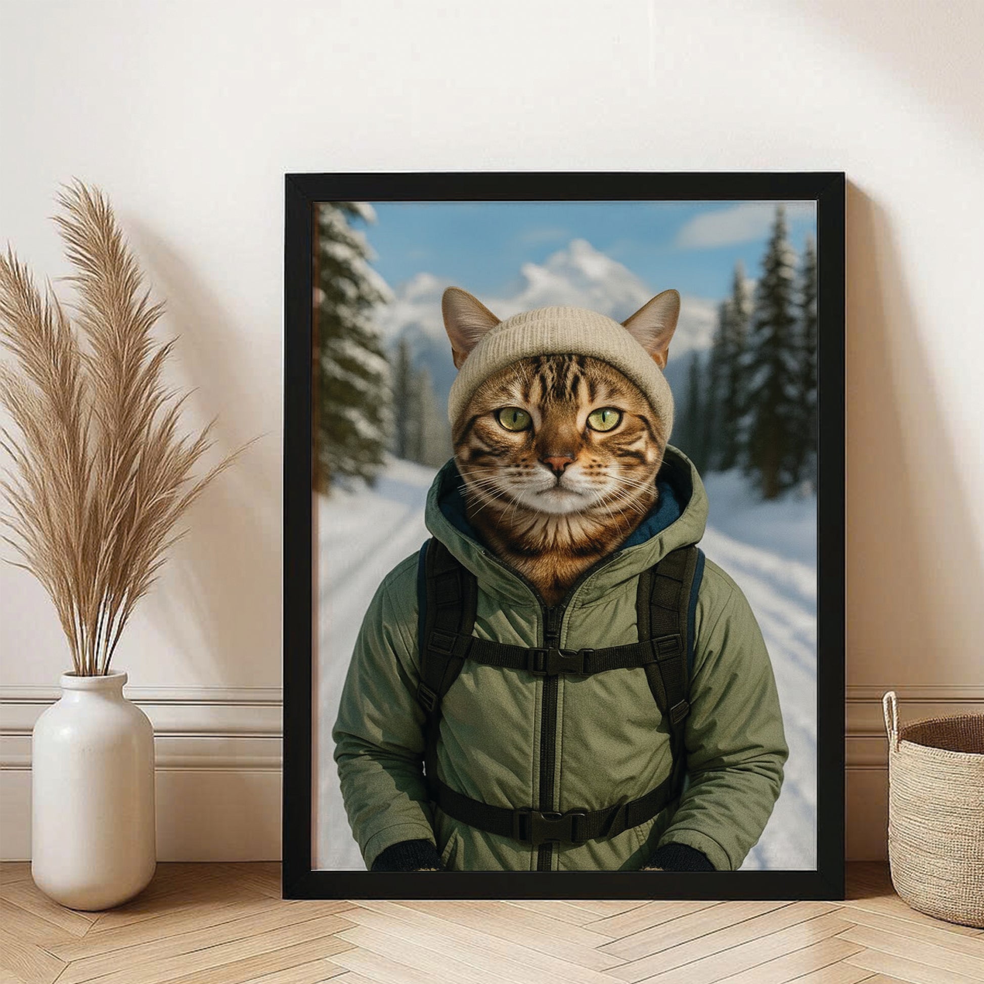 Custom Photo Winter Hiker Cat Canvas Framed Wall Art Gift For Cat Lovers