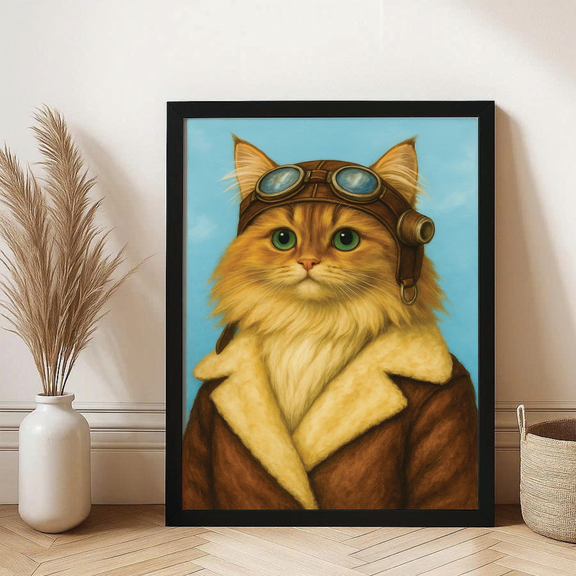 Custom Photo Portrait Pilot Canvas Framed Wall Art Gift For Cat Lovers