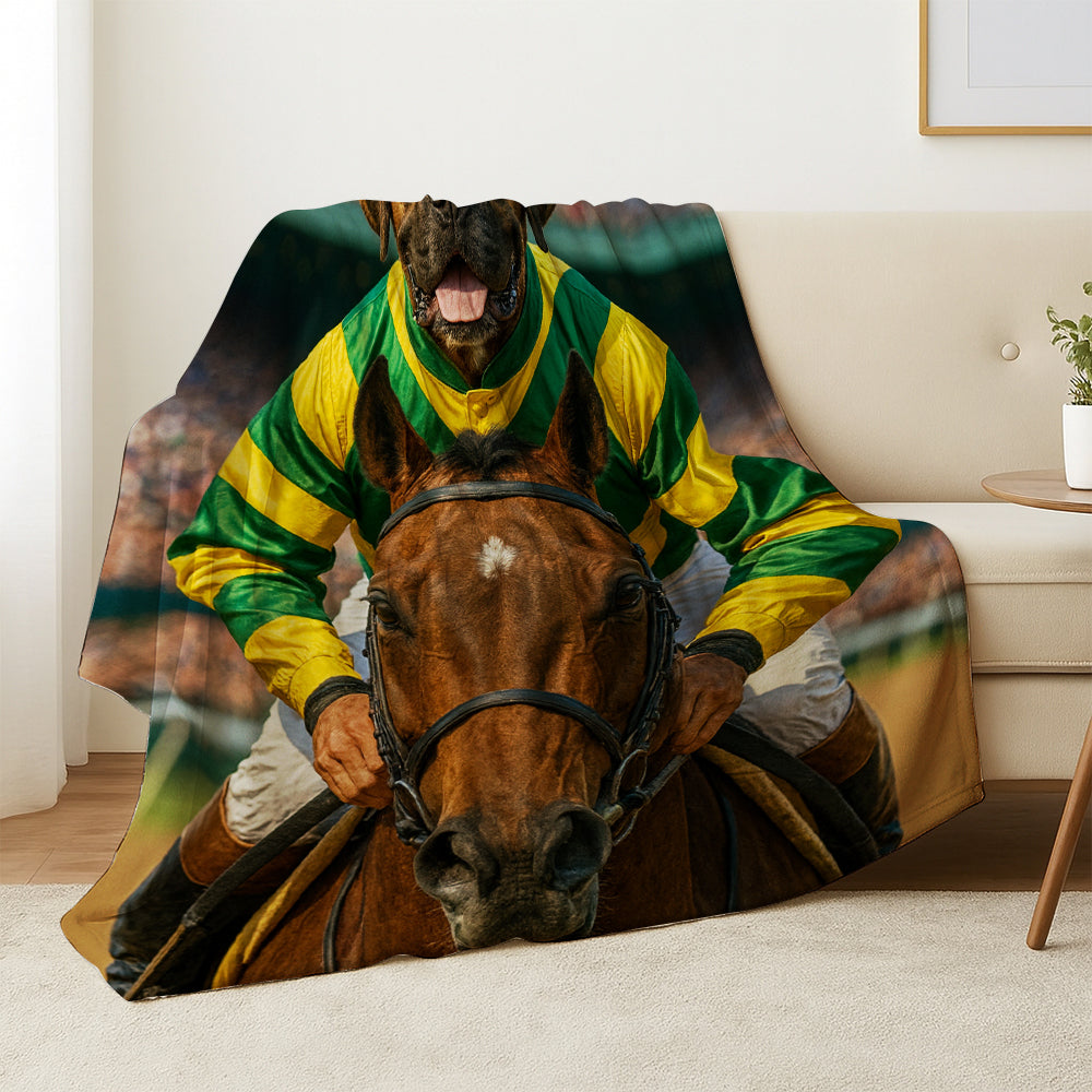 Custom Photo Jockey Horse Racing Dog BlanketGift For Dog Lovers