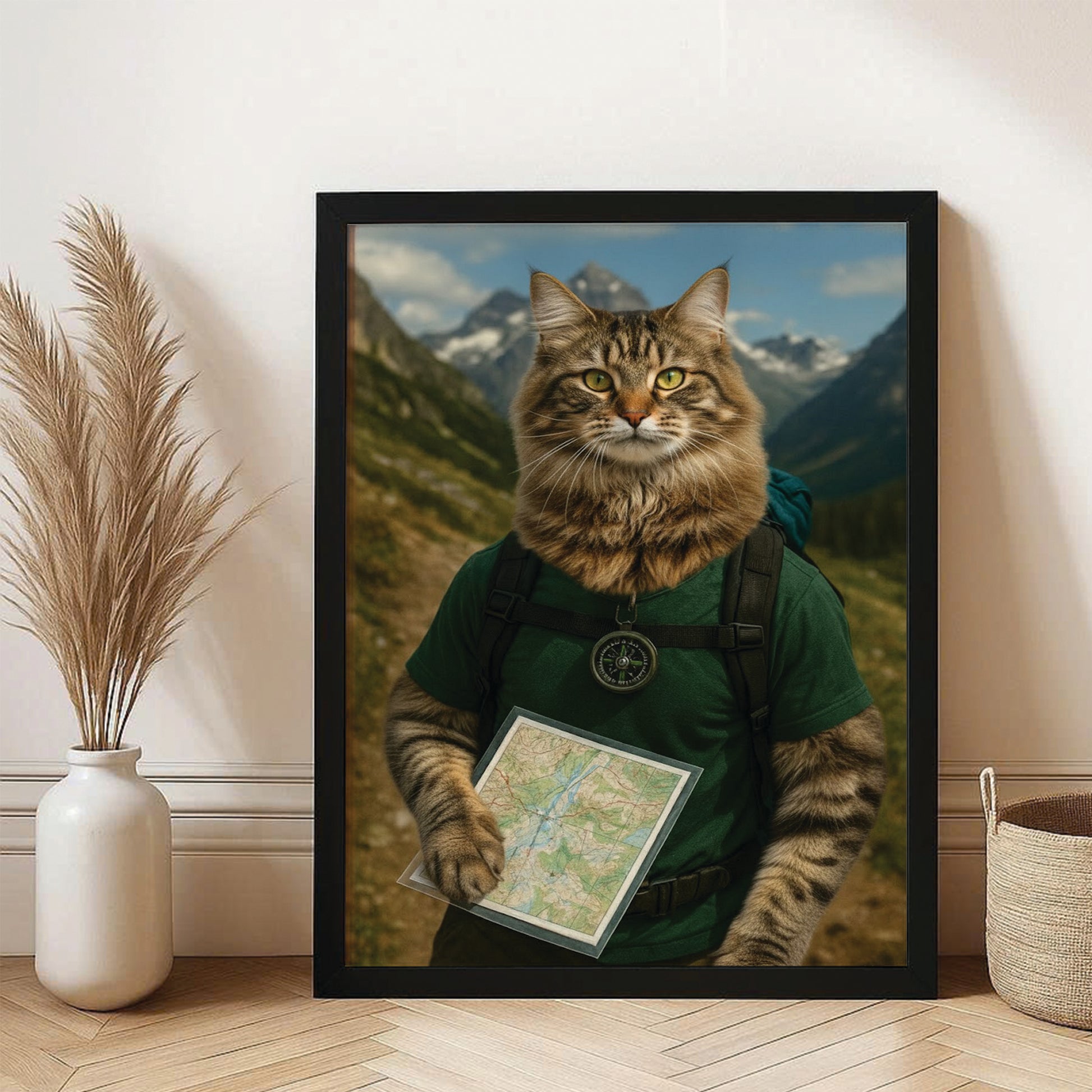 Custom Photo Explorer Hiking Cat Canvas Framed Wall Art  Gift For Cat Lovers