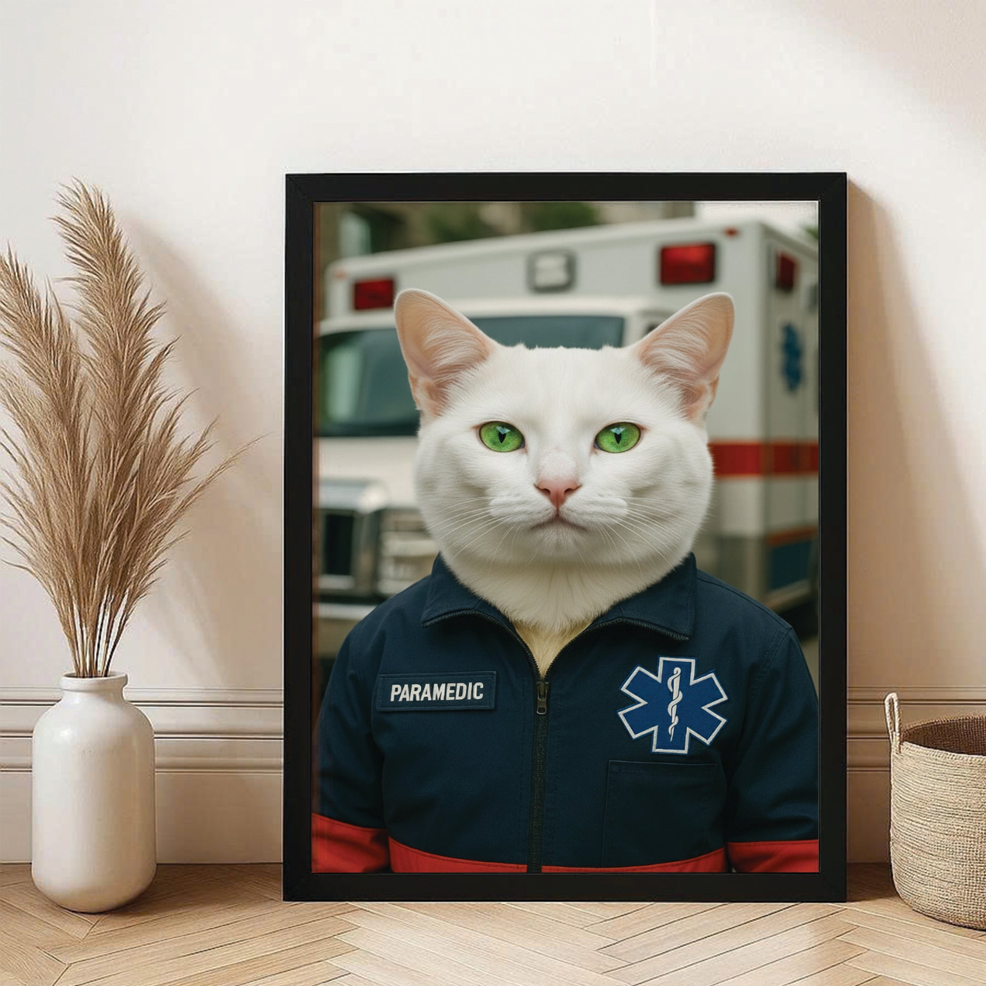 Custom Photo Paramedic Emt Cat Canvas Framed Wall Art Gift For Cat Lovers