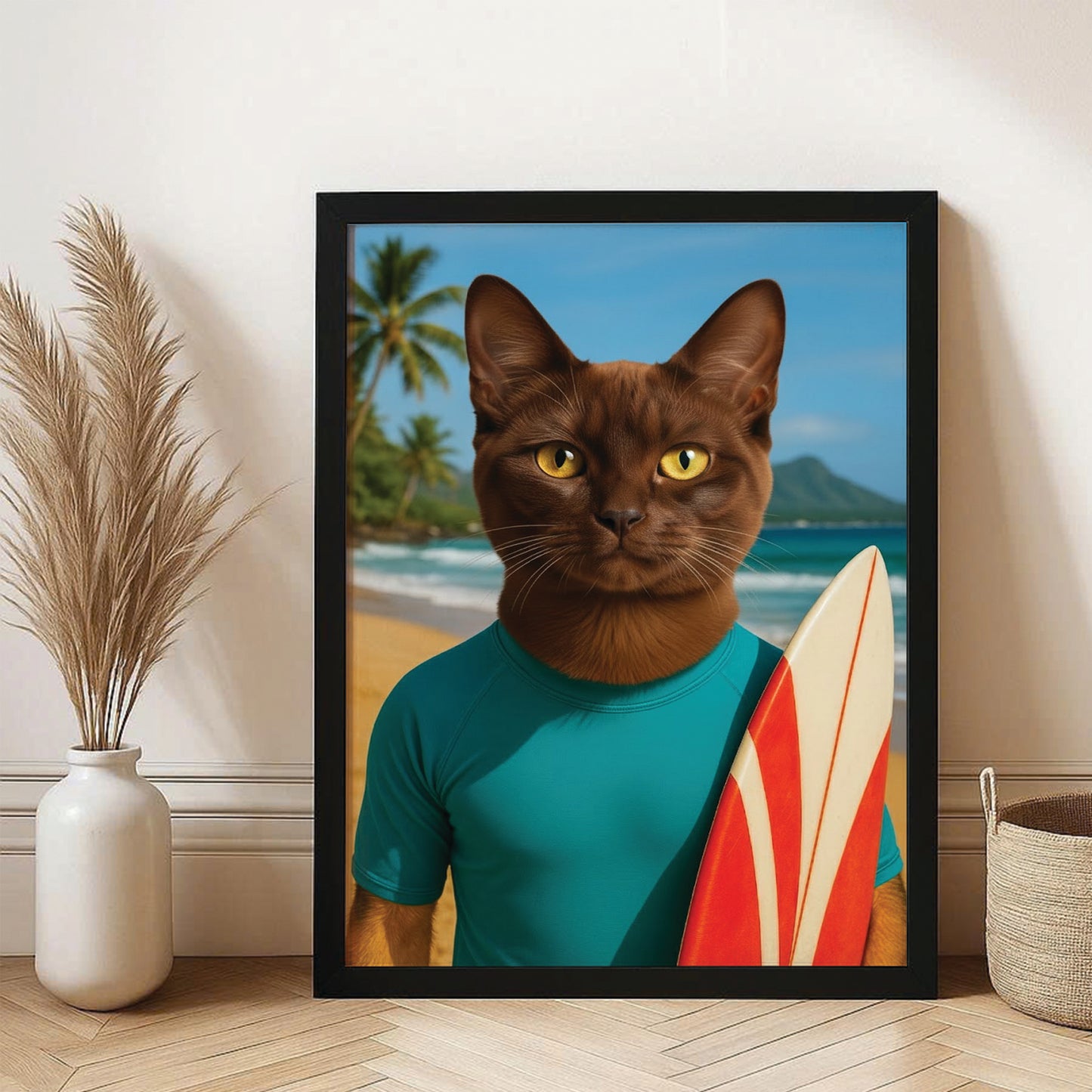 Custom Photo Surfer Beach Cat Canvas Framed Wall Art Gift For Cat Lovers