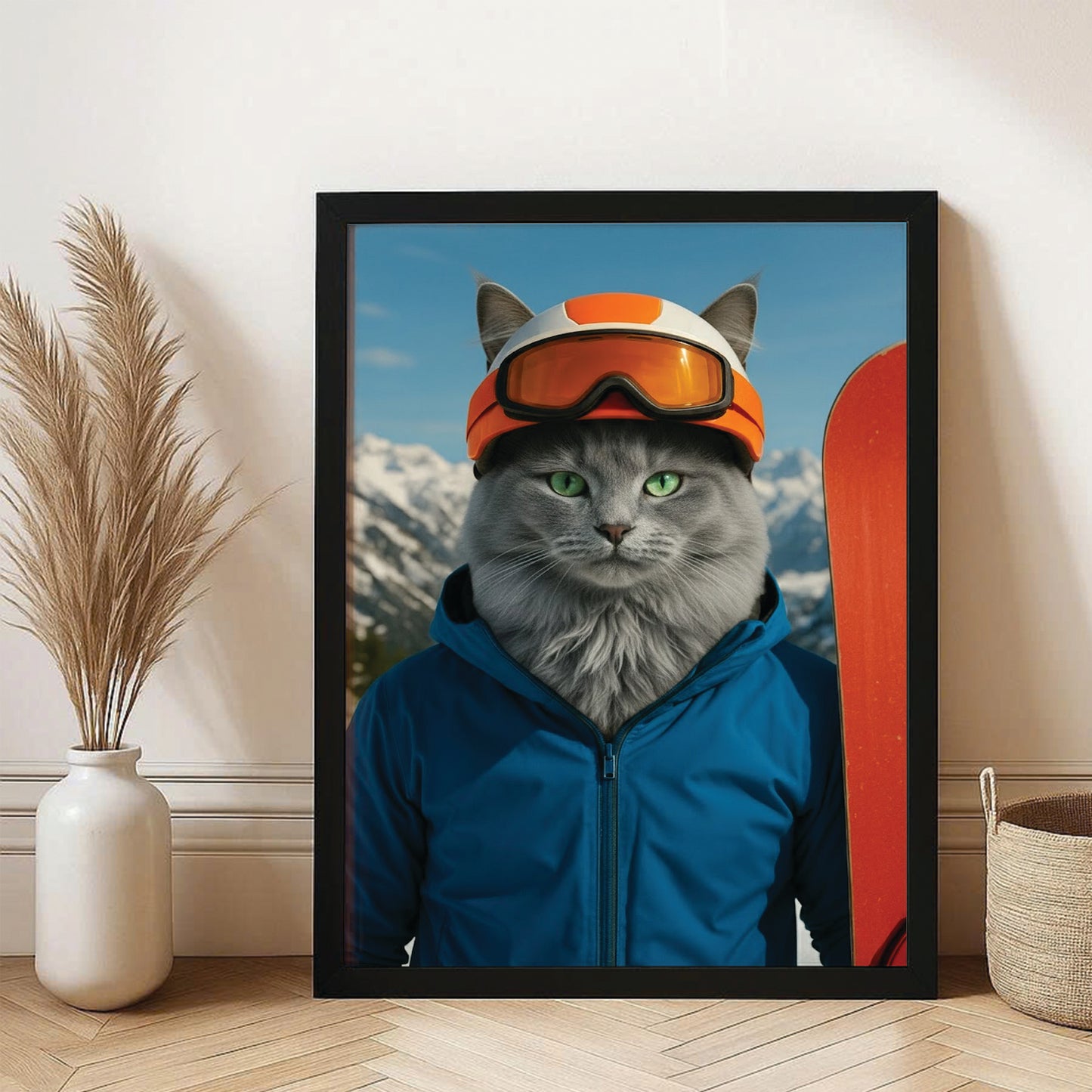Custom Photo Snowboarder Cat Canvas Framed Wall Art Gift For Cat Lovers