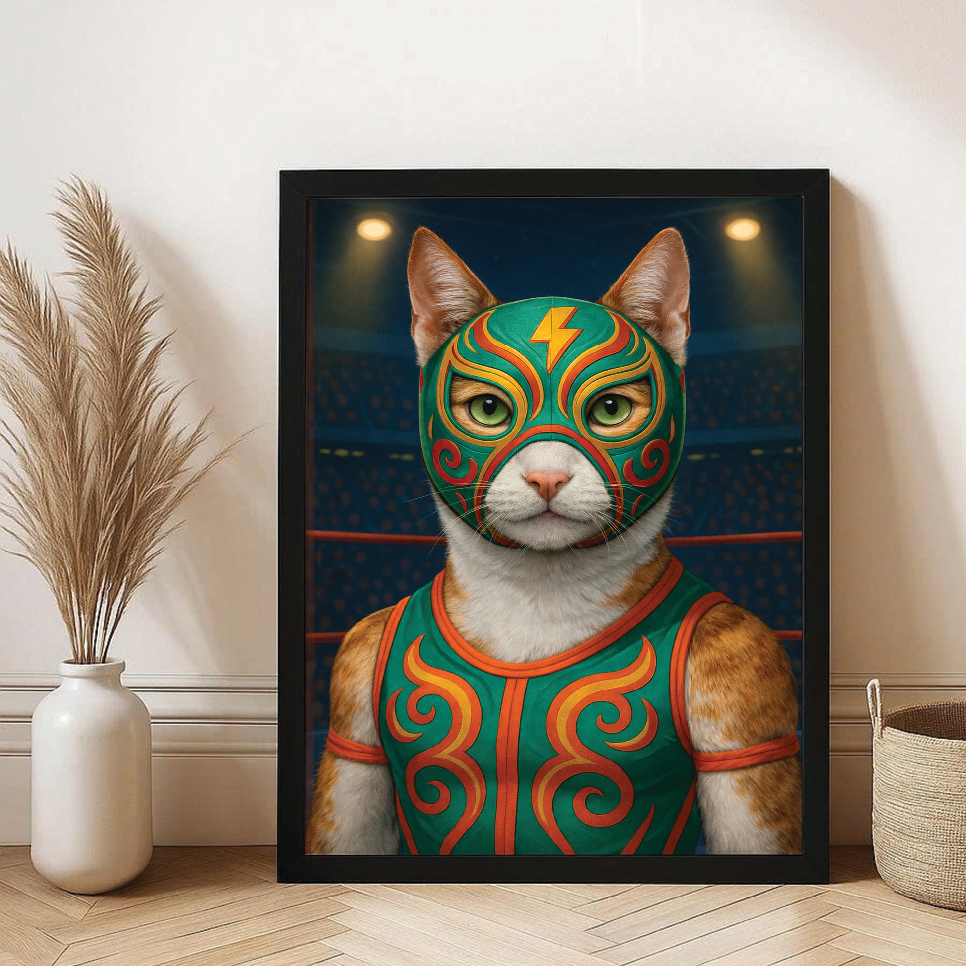 Custom Photo Lucha Libre Wrestler Mask Cat Canvas Framed Wall Art Gift For Cat Lovers