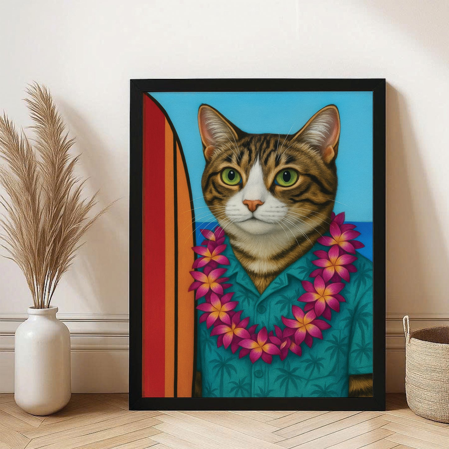 Custom Photo Surfer Cat Canvas Framed Wall Art Gift For Cat Lovers