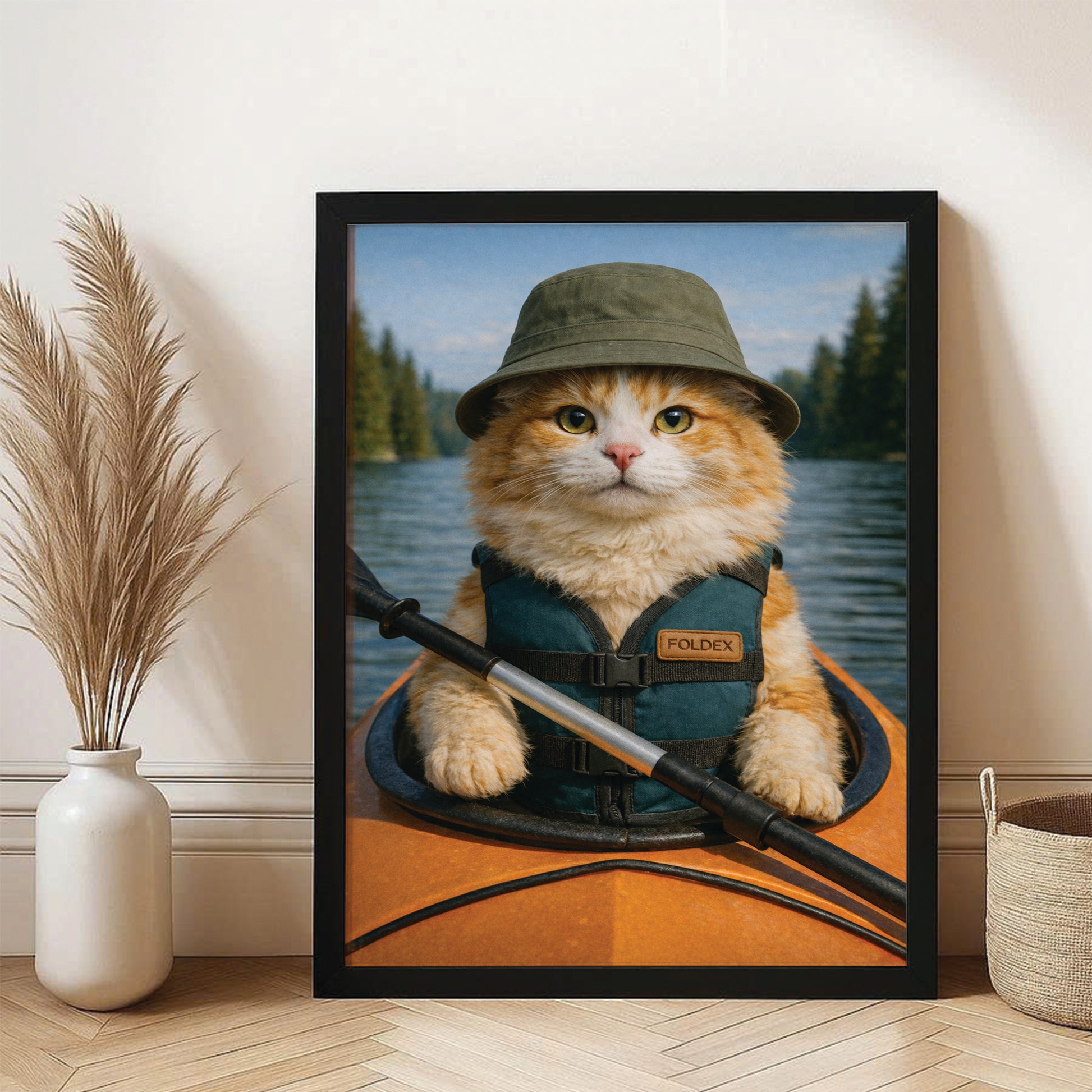 Custom Photo Kayak Cat Canvas Framed Wall Art Gift For Cat Lovers