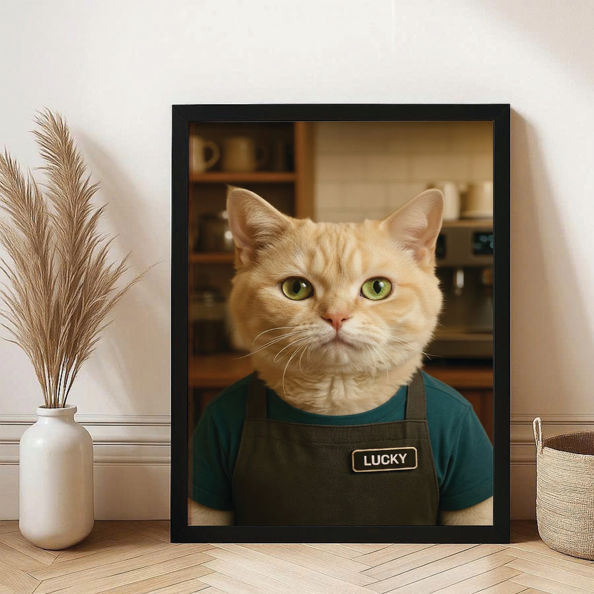 Custom Photo Barista Cat Canvas Framed Wall Art Gift For Cat Lovers