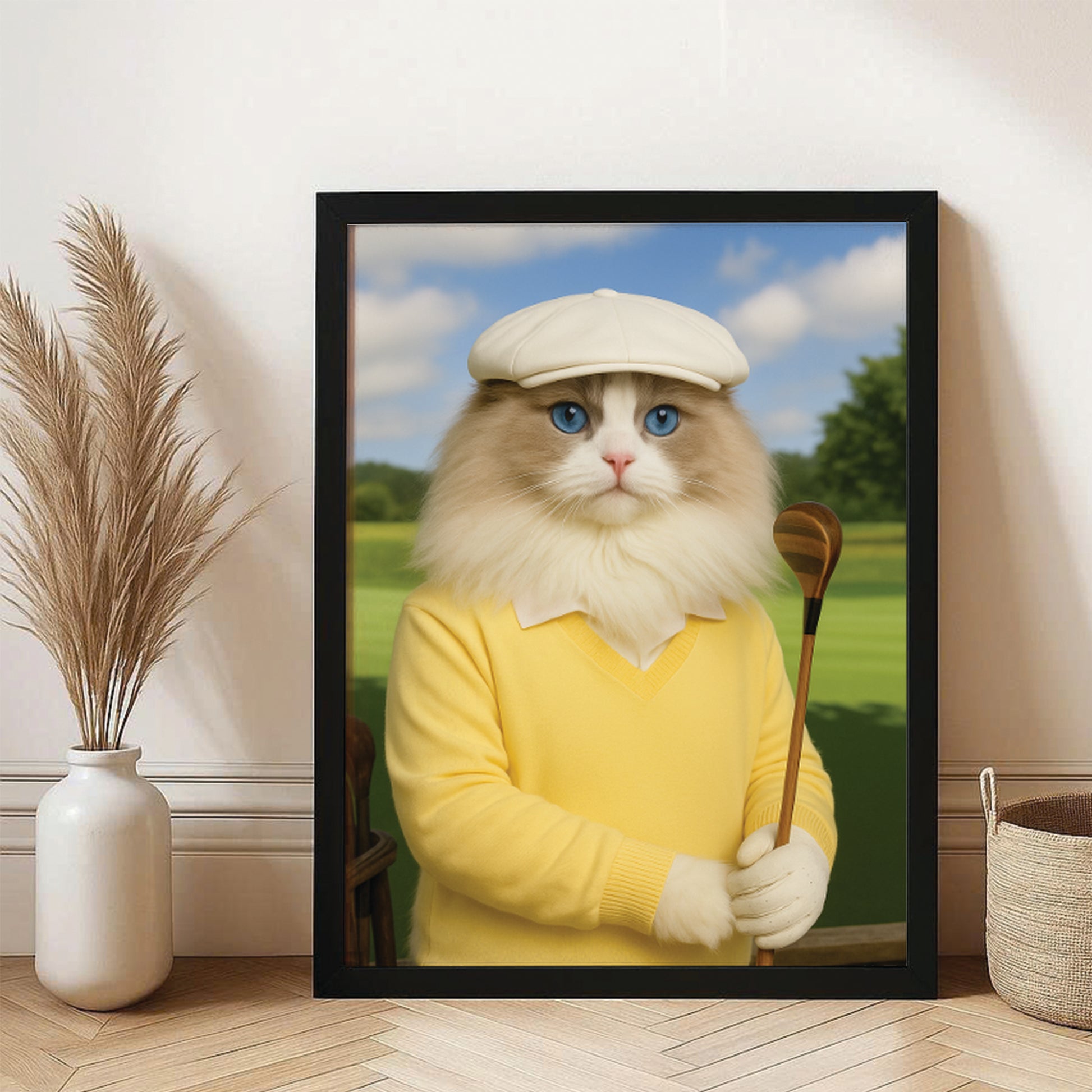 Custom Photo Golfer Cat Canvas Framed Wall Art Gift For Cat Lovers