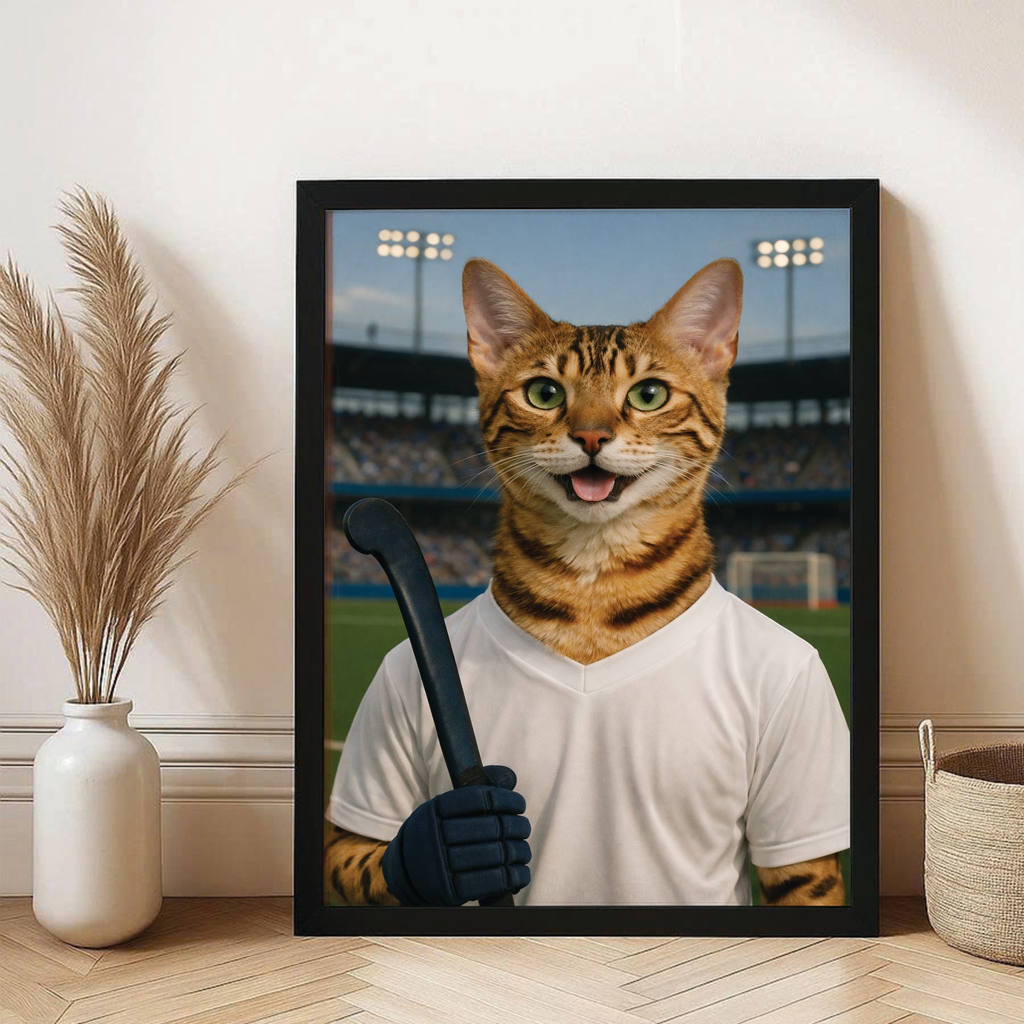 Custom Photo Field Hockey Cat Canvas Framed Wall Art  Gift For Cat Lovers
