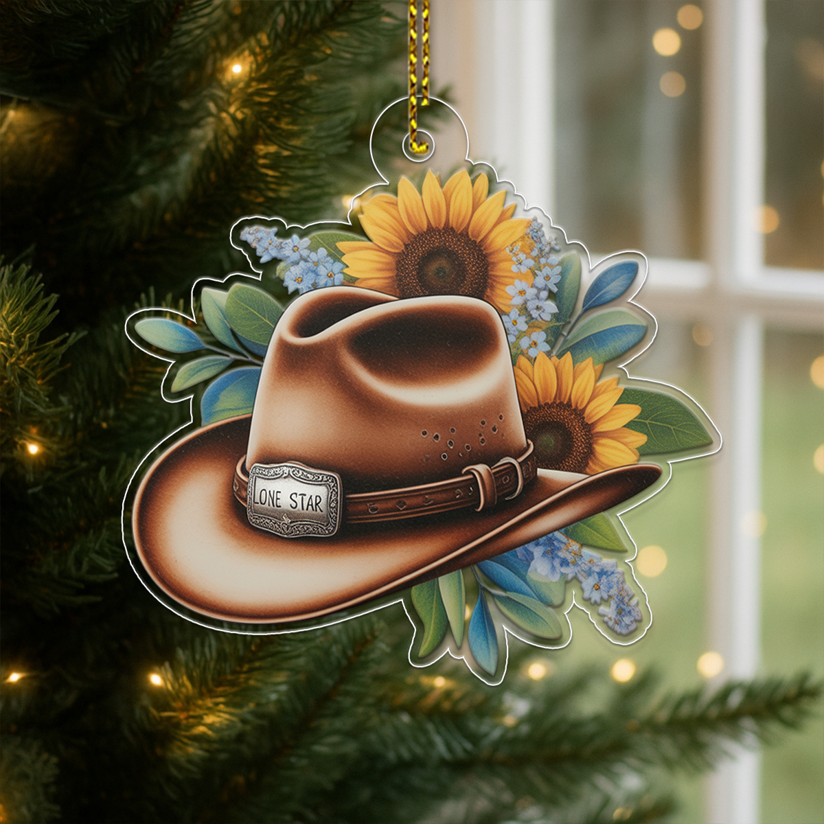 Custom Name Rustic Sunflower Cowboy Hat Acrylic Ornament Christmas Gift