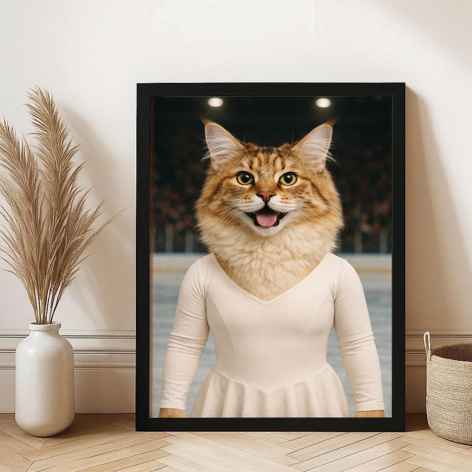 Custom Photo Ice Skater Cat Canvas Framed Wall Art  Gift For Cat Lovers