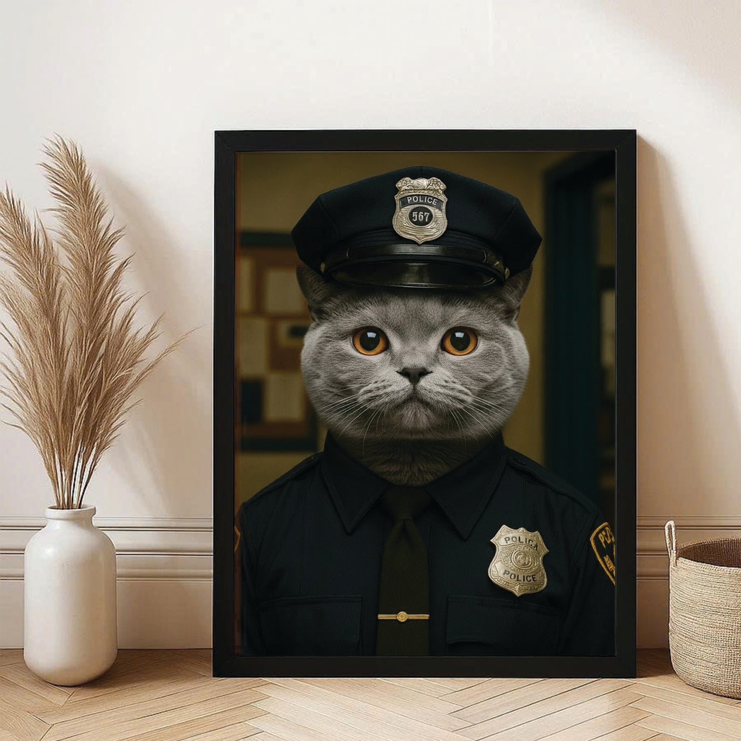Custom Photo Police Cat Canvas Framed Wall Art  Gift For Cat Lovers