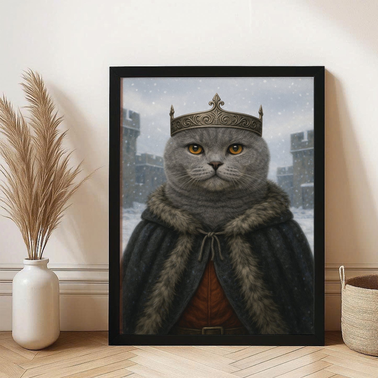 Custom Photo Winter King Royal Cat Canvas Framed Wall Art Gift For Cat Lovers