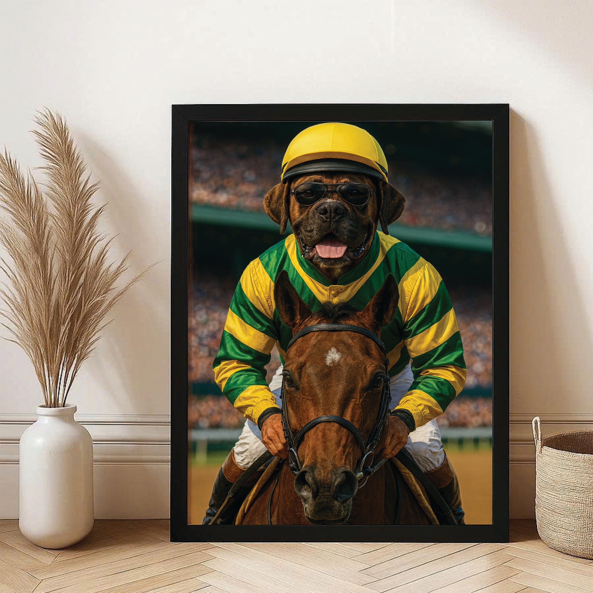 Custom Photo Jockey Horse Racing Dog Canvas Framed Wall Art Gift For Dog Lovers