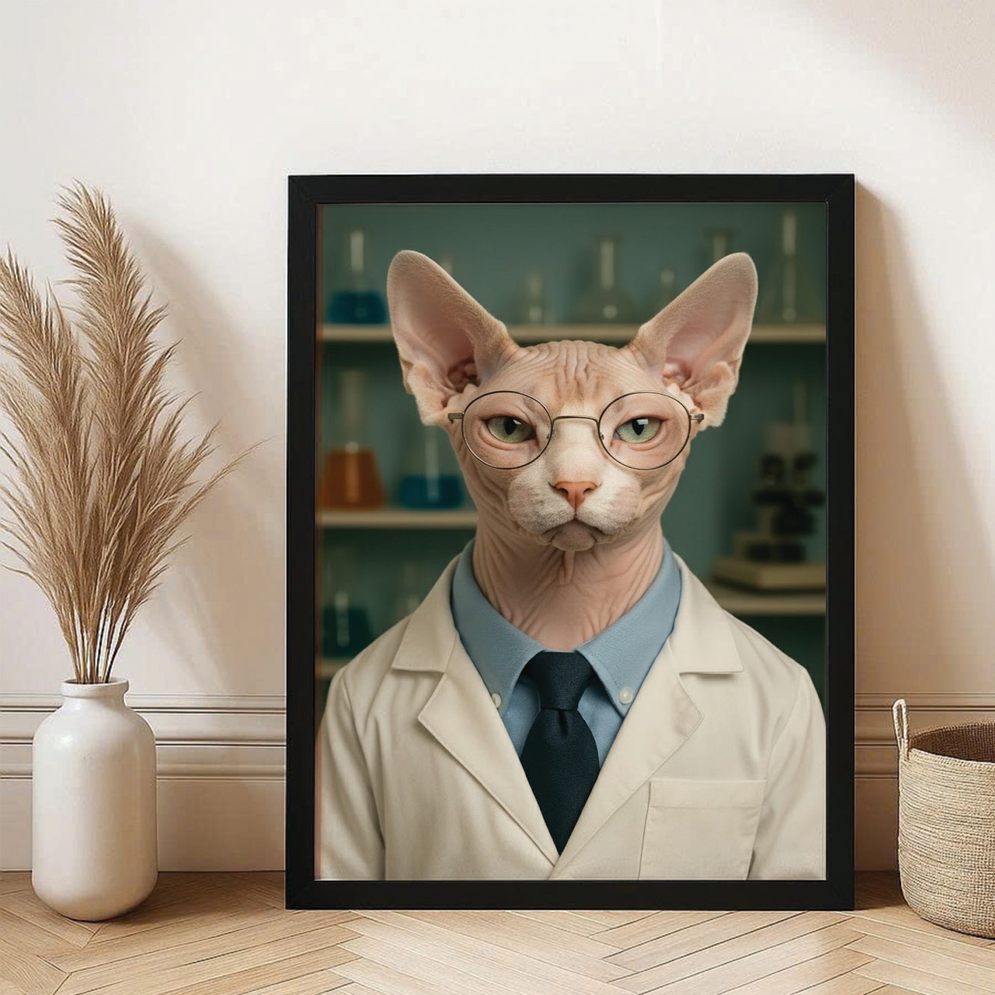 Custom Photo Scientist Cat Canvas Framed Wall Art Gift For Cat Lovers
