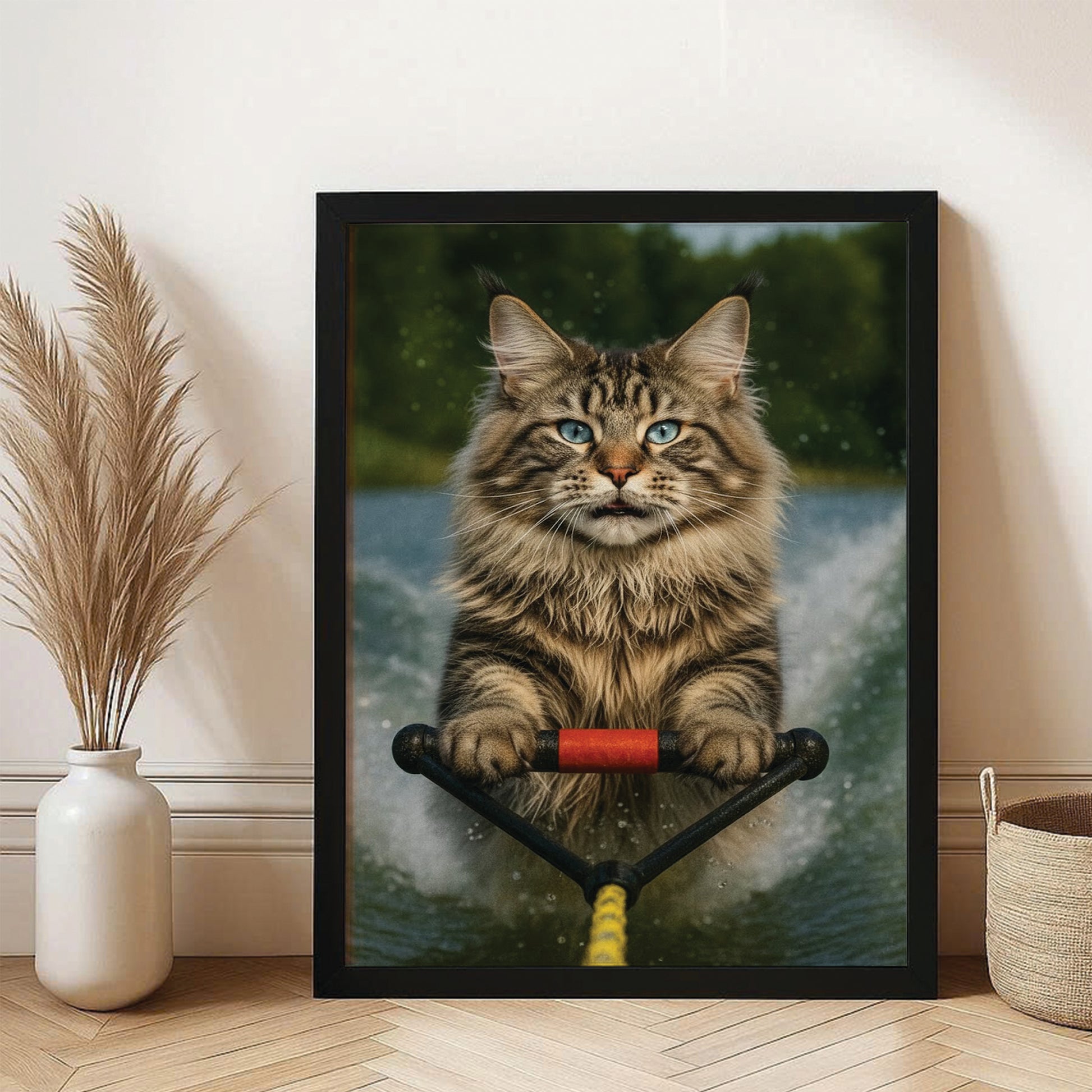 Custom Photo Water Ski Cat Canvas Framed Wall Art Gift For Cat Lovers