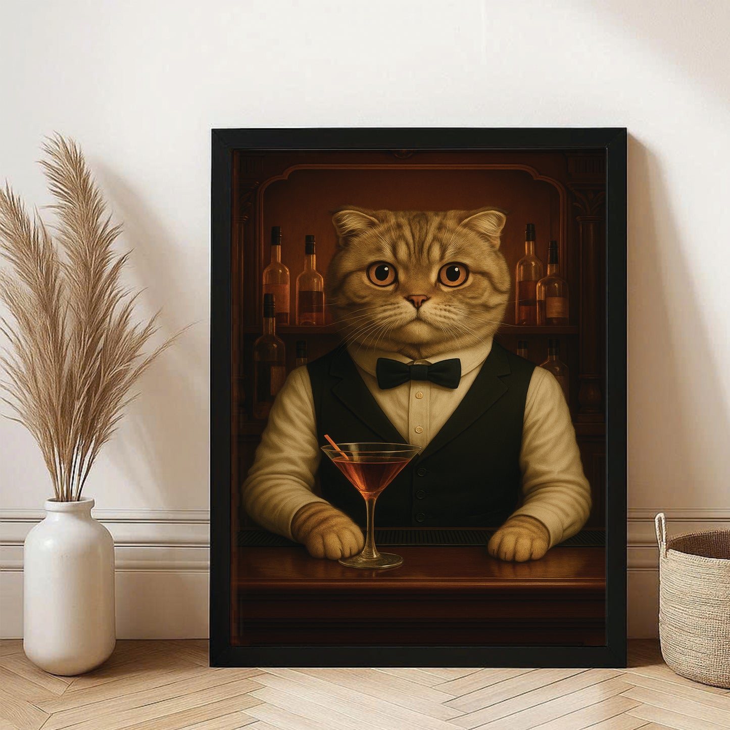 Personalized Cat Portrait Bartender Canvas Framed Wall Art