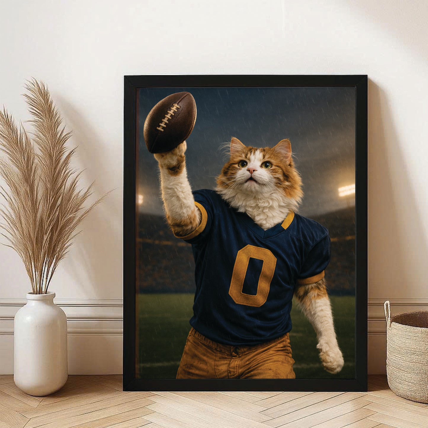 Custom Photo Football Player Canvas Framed Wall Art  Gift For Cat Lovers