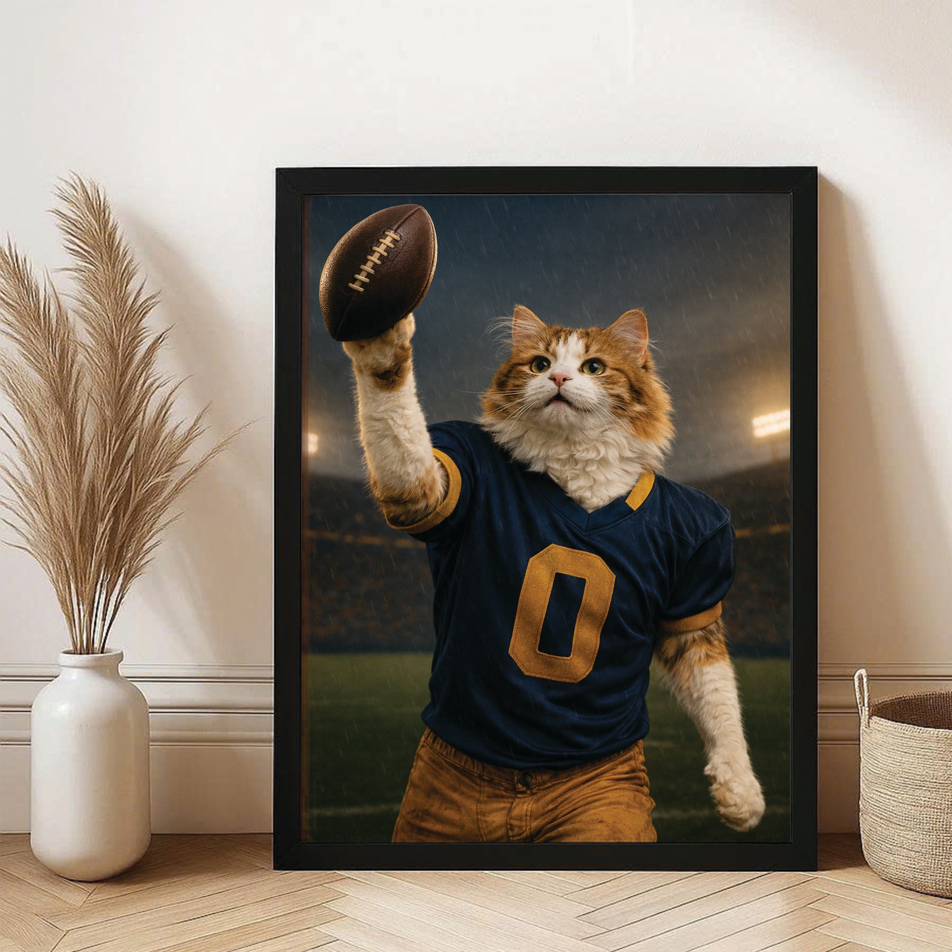 Custom Photo Football Player Canvas Framed Wall Art  Gift For Cat Lovers