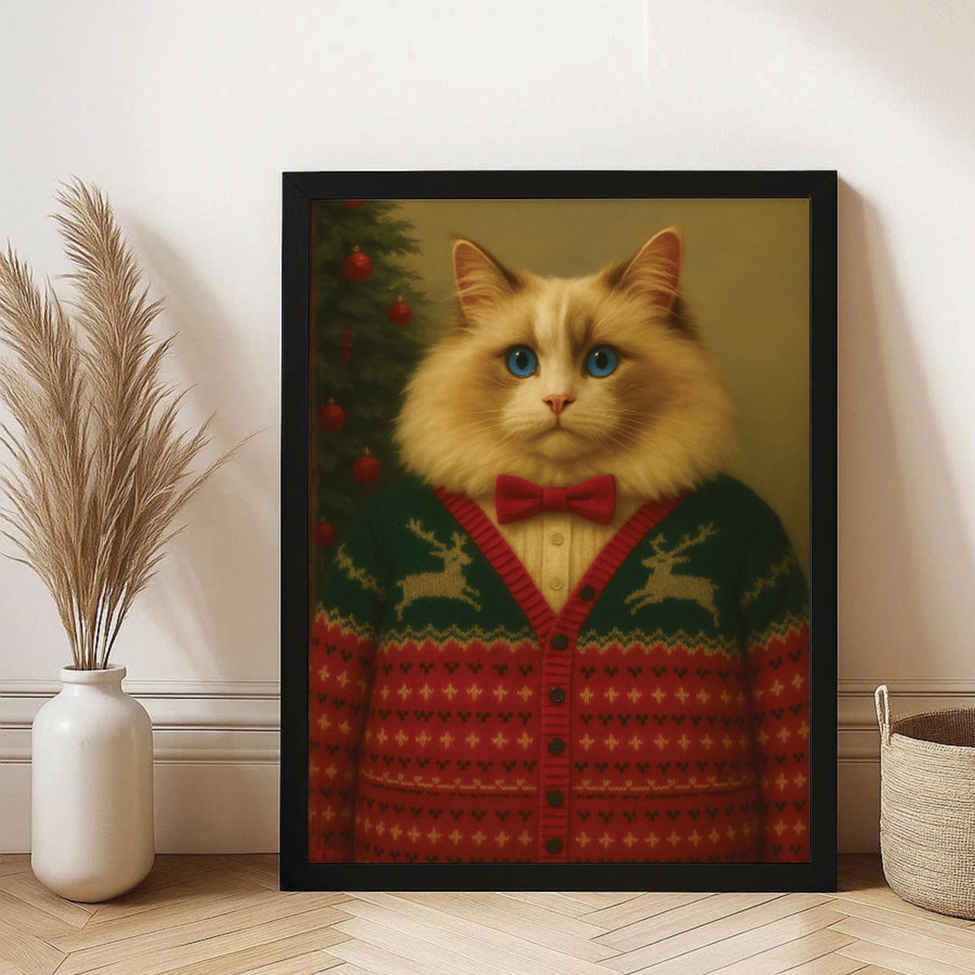 Custom Photo Christmas Cat Canvas Framed Wall Art Gift For Cat Lovers