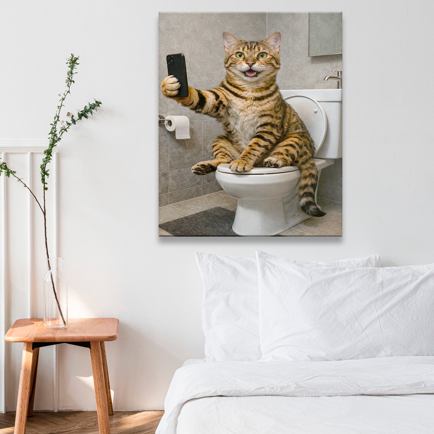 Custom Photo Cat Sefie Bathroom Canvas Gift For Cat Lover