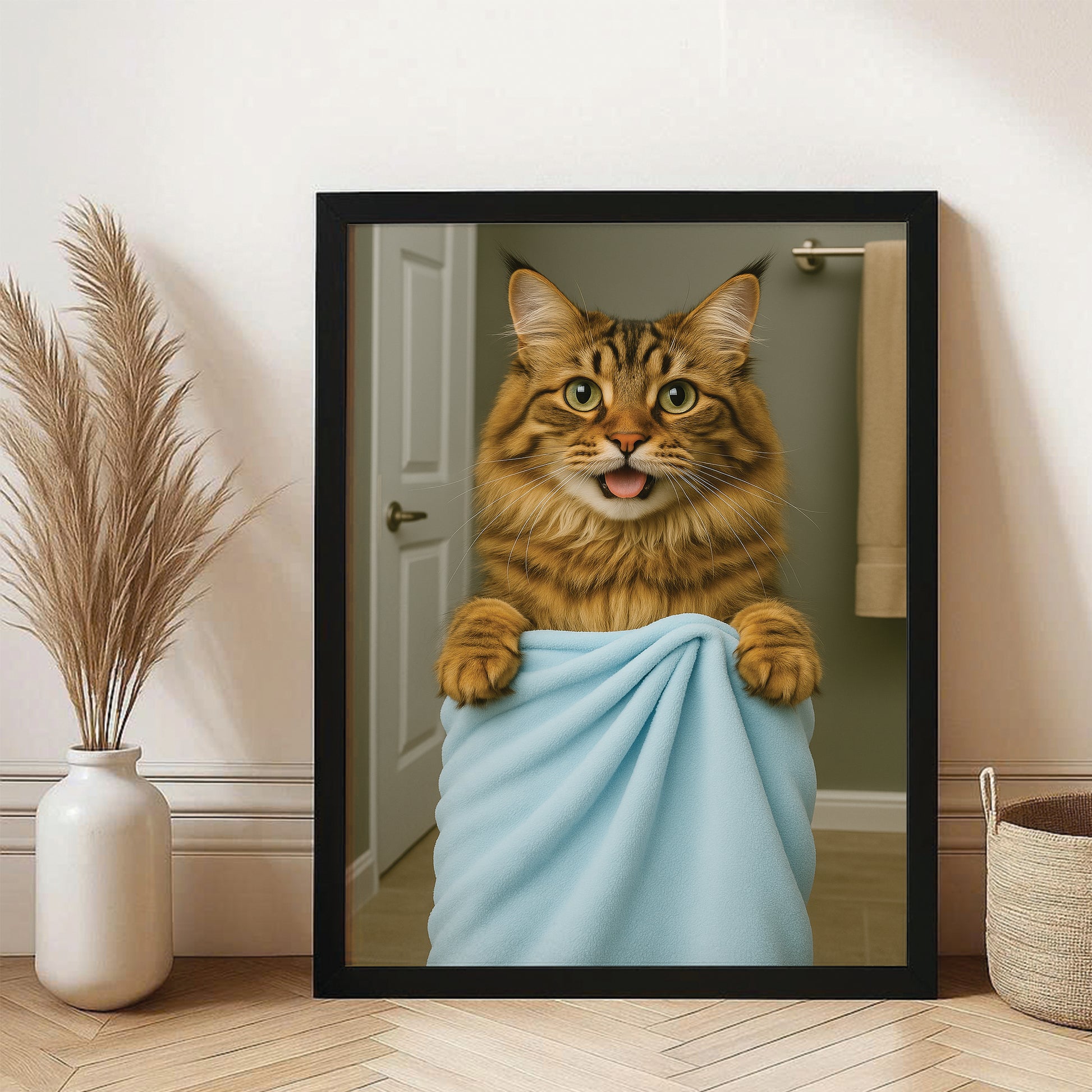 Custom Cat Photo In Bathroom Canvas Framed Wall Art Cat Lover Gifts