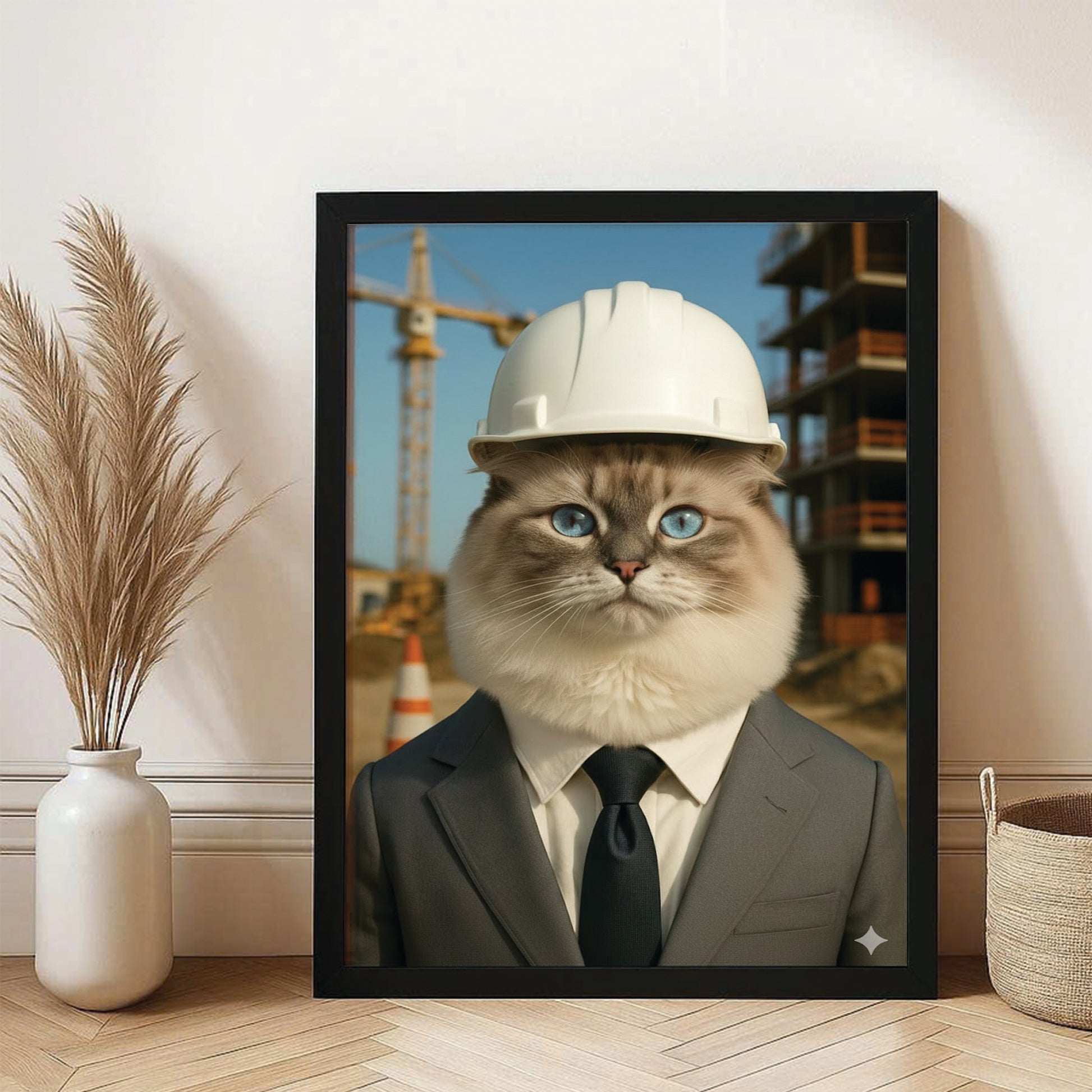 Custom Photo Engineer Construction Cat Canvas Framed Wall Art  Gift For Cat Lovers