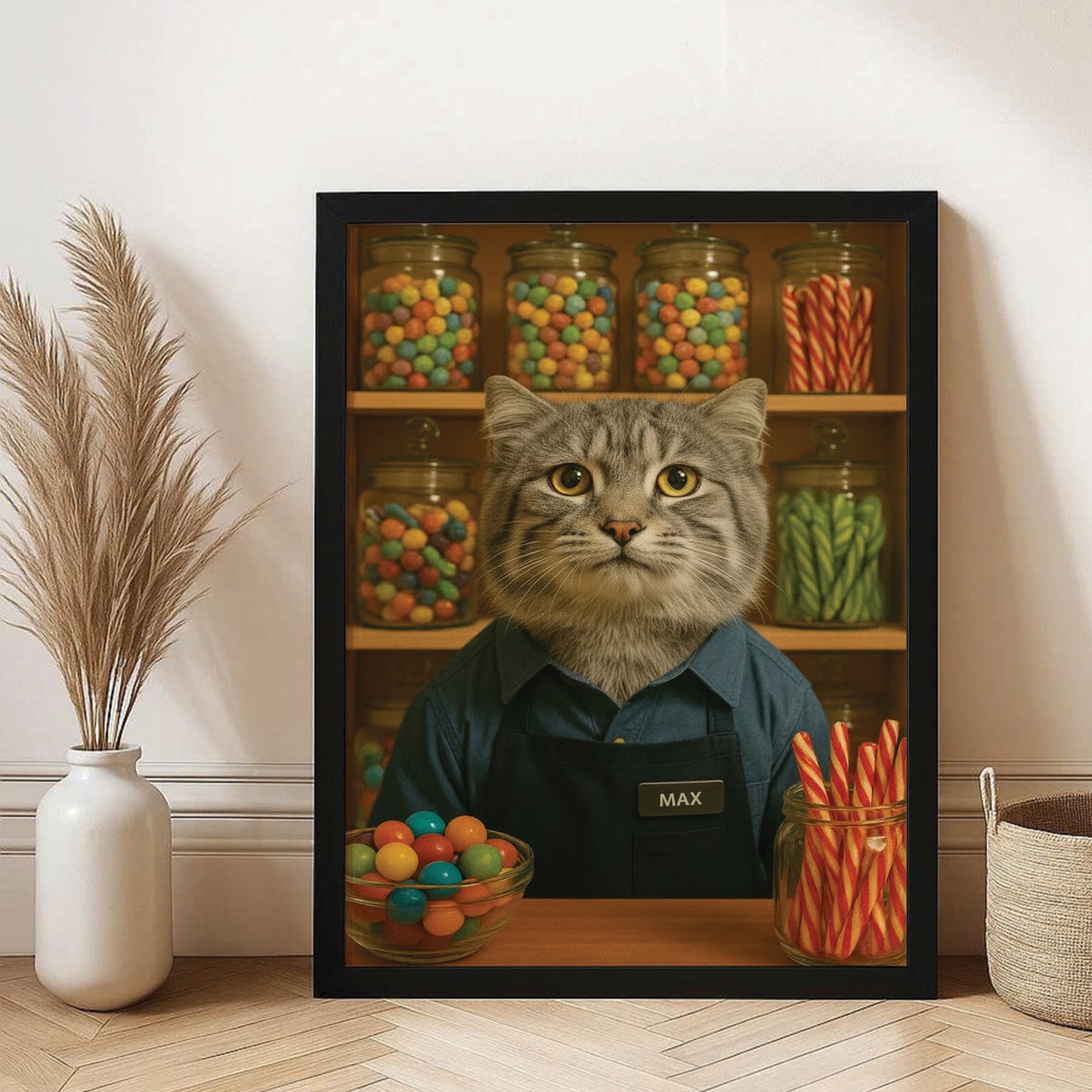 Custom Photo Candy Shop Cat Canvas Framed Wall Art Gift For Cat Lovers