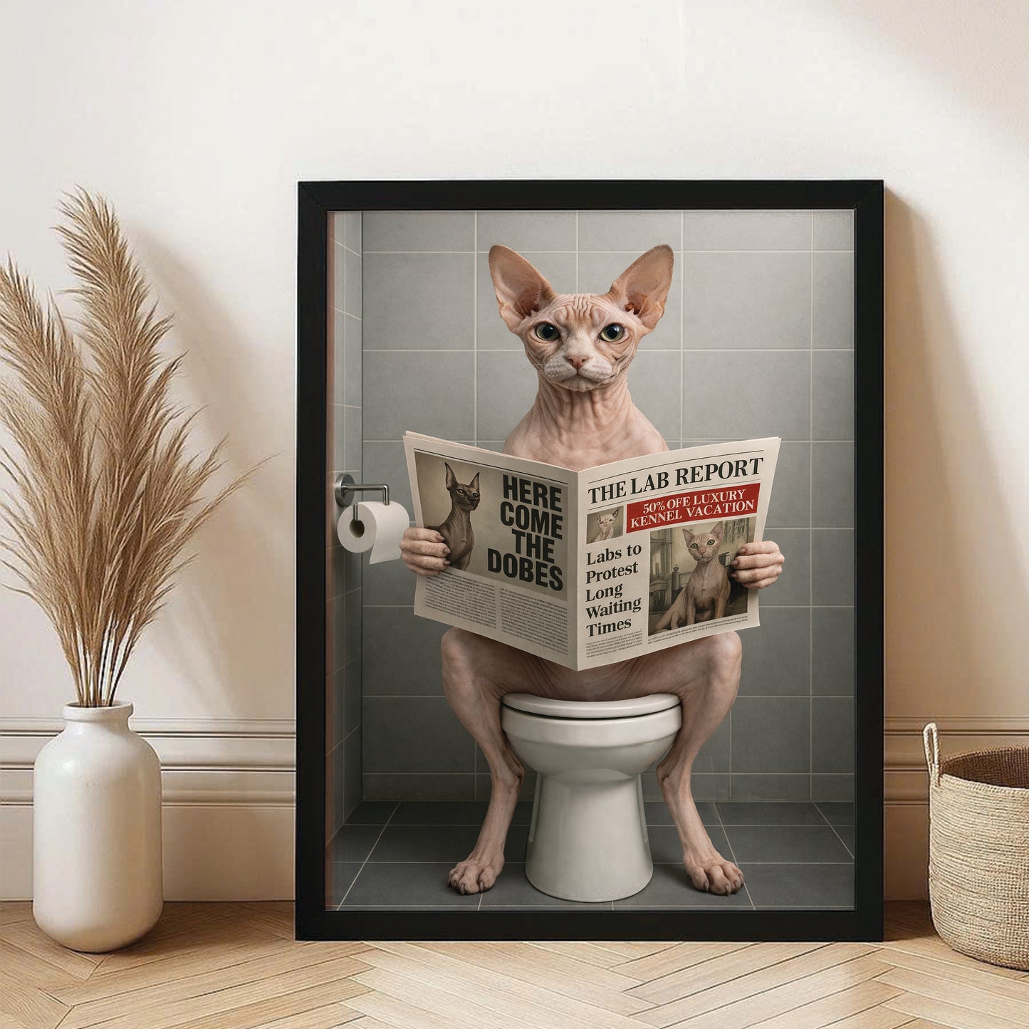 Custom Photo Cat Bathroom Canvas Framed Wall Art Style 03 Gift For Cat Lovers