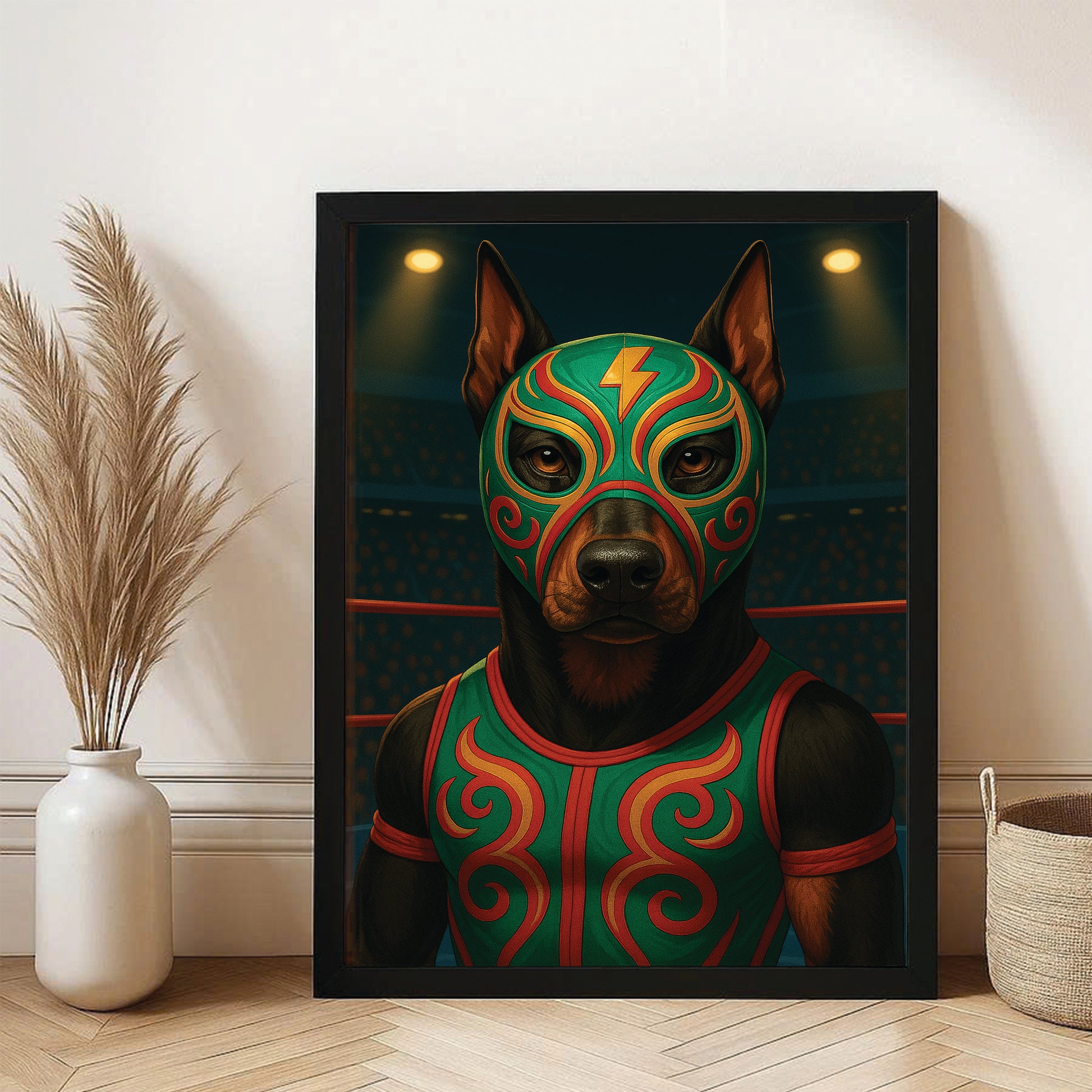 Custom Photo Lucha Libre Wrestler Mask Dog Canvas Framed Wall Art Gift For Dog Lovers