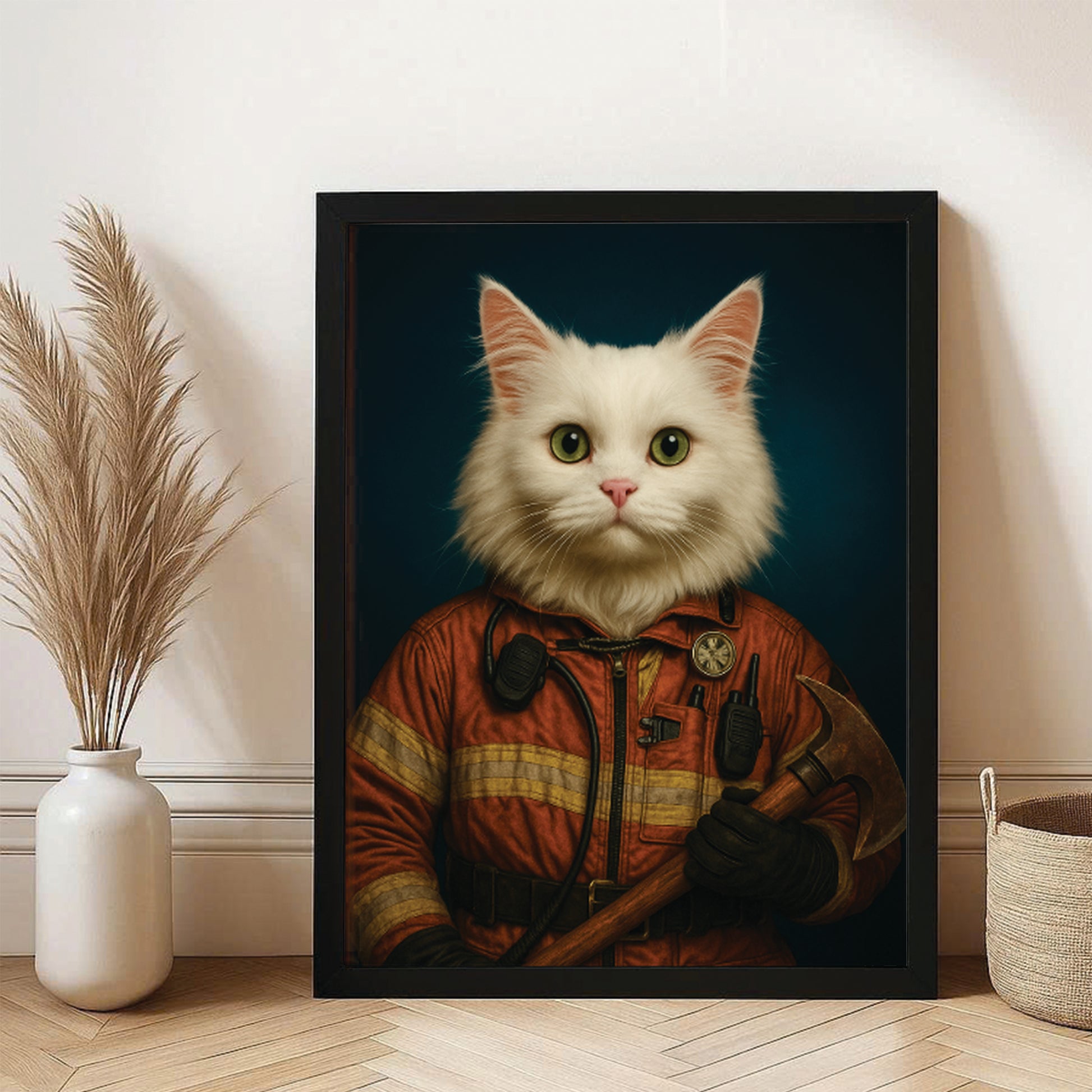 Custom Cat Photo Firefighter Canvas Framed Wall Art _ Gift For Cat Lovers