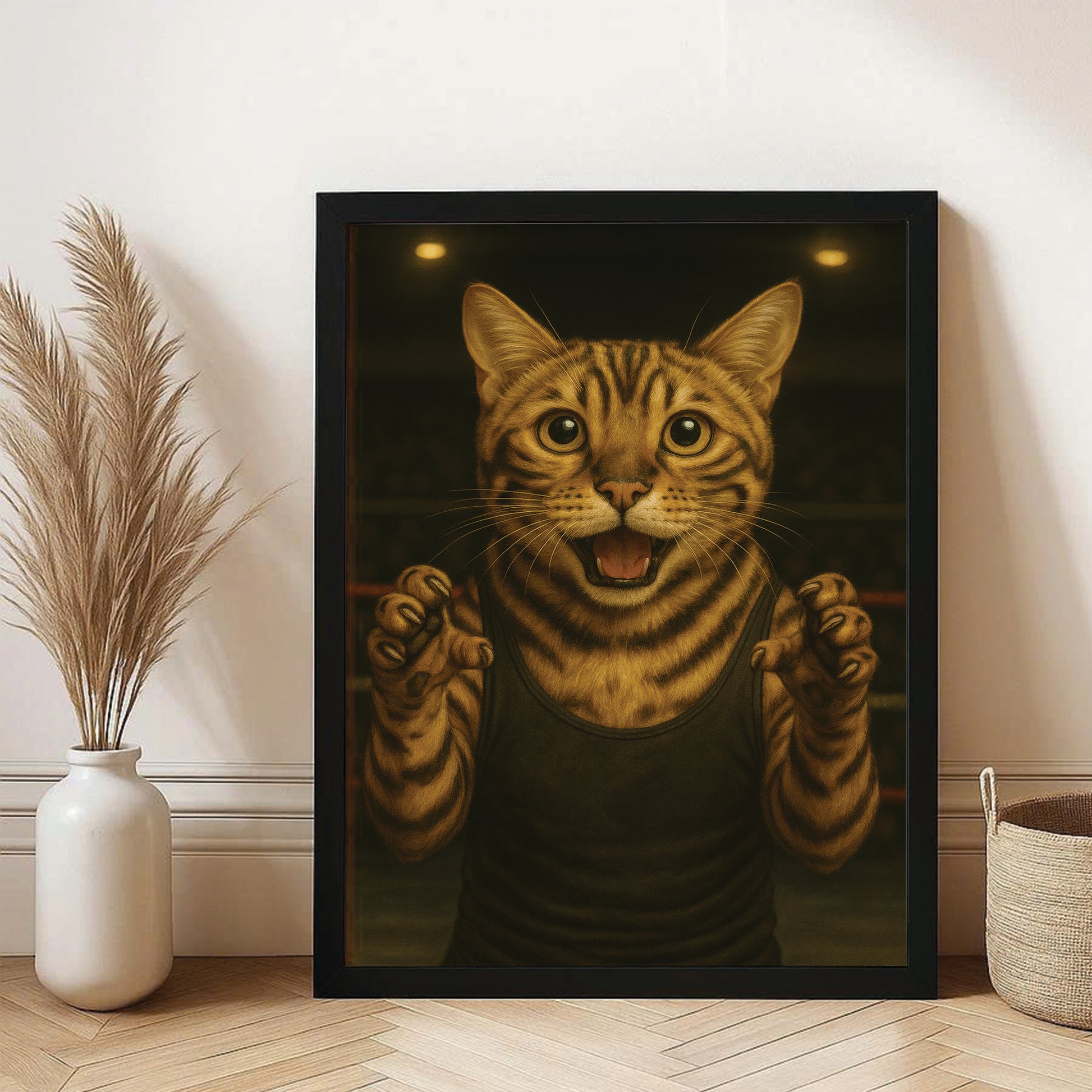 Custom Photo Wrestler Fighter Cat Canvas Framed Wall Art Gift For Cat Lovers