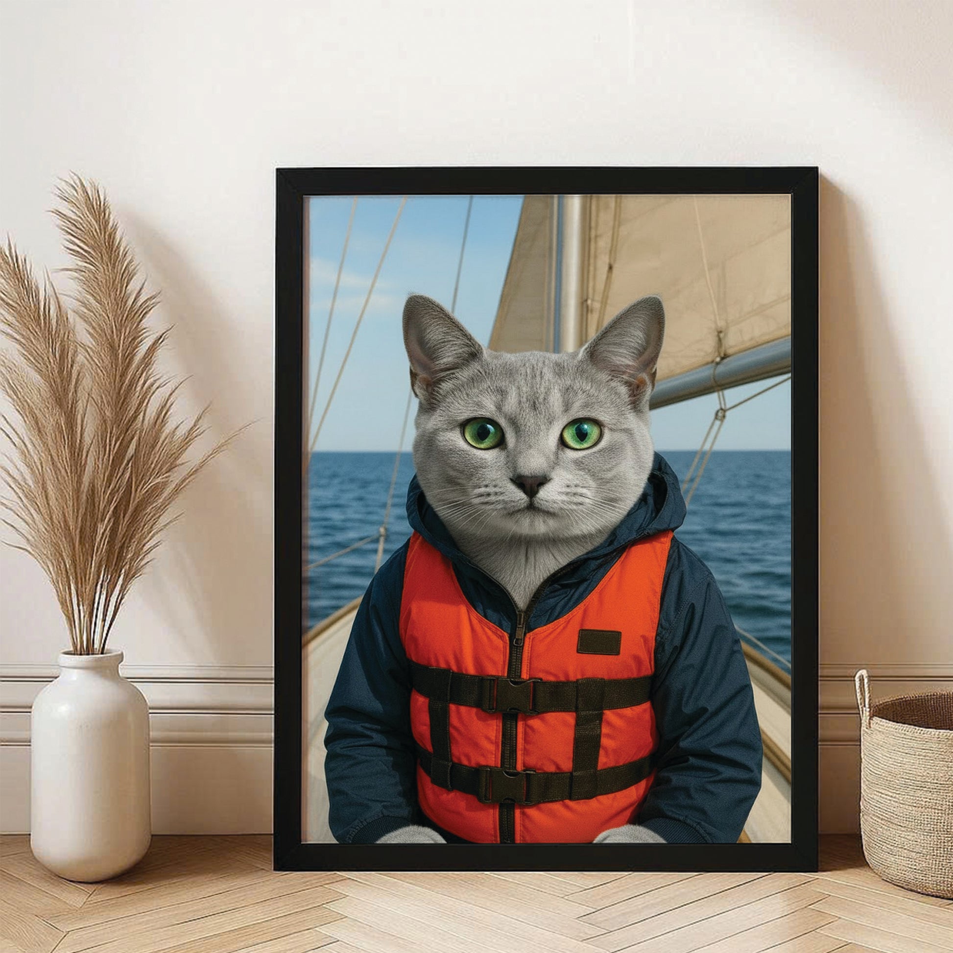 Custom Photo Sailor Cat Canvas Framed Wall Art Gift For Cat Lovers