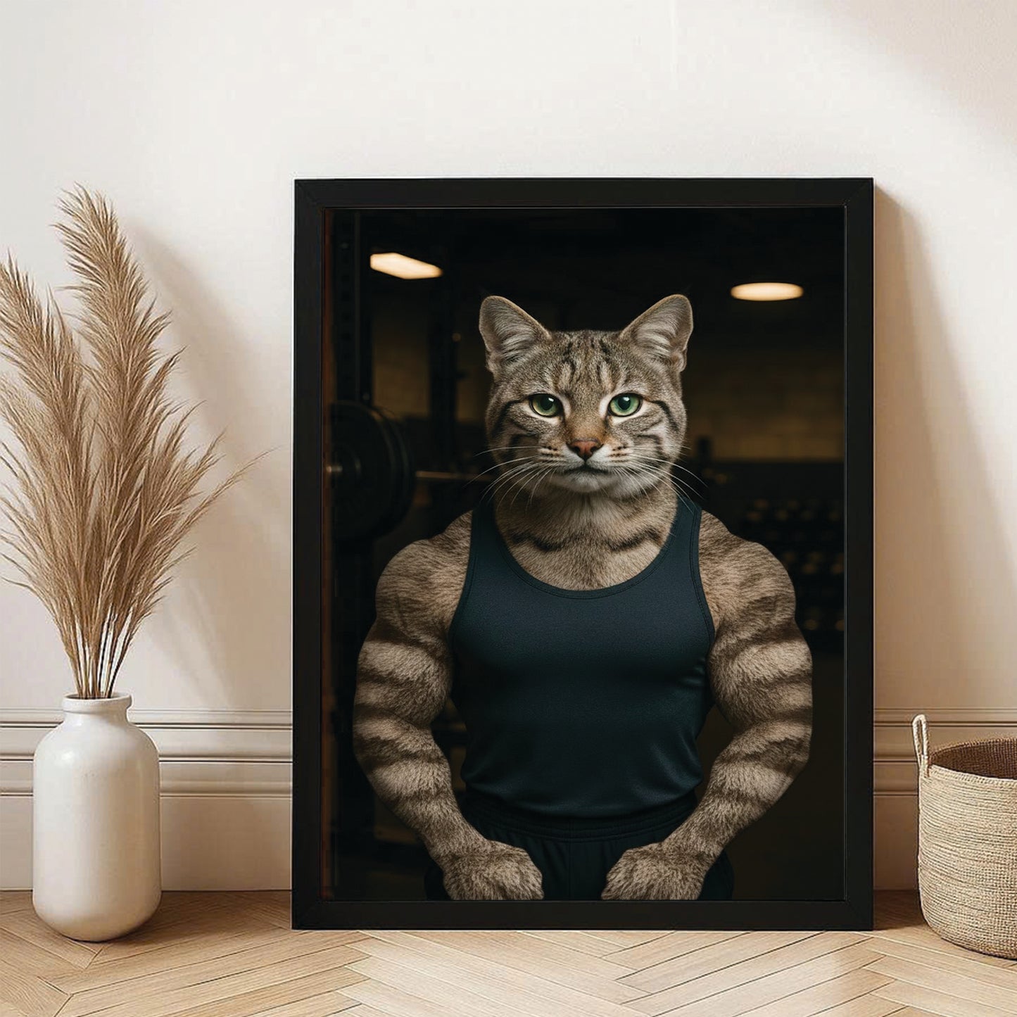 Custom Photo Body Builder Cat Canvas Framed Wall Art Gift For Cat Lovers