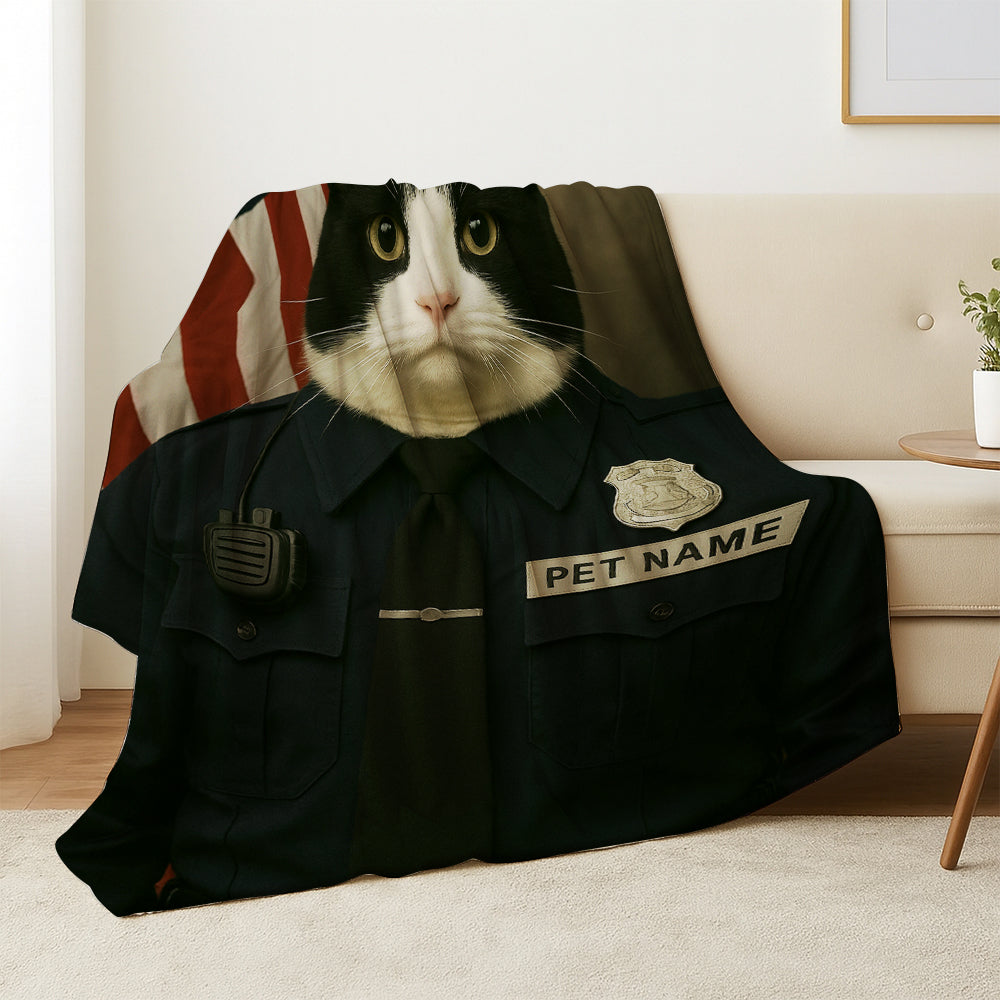 Custom Cat Photo Policeman Blanket _ Gift For Cat Lovers