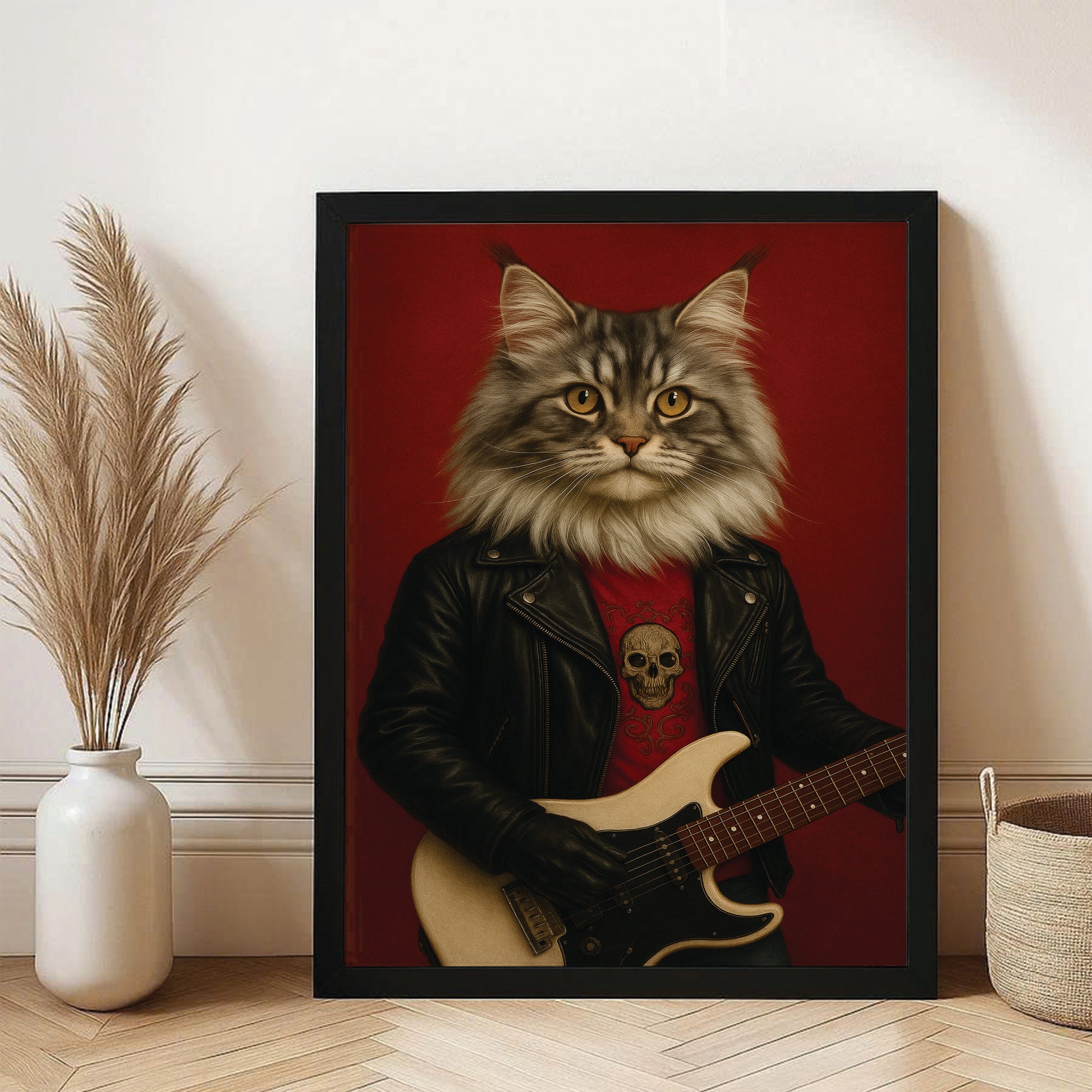 Custom Photo Guitarist Cat Canvas Framed Wall Art Gift For Cat