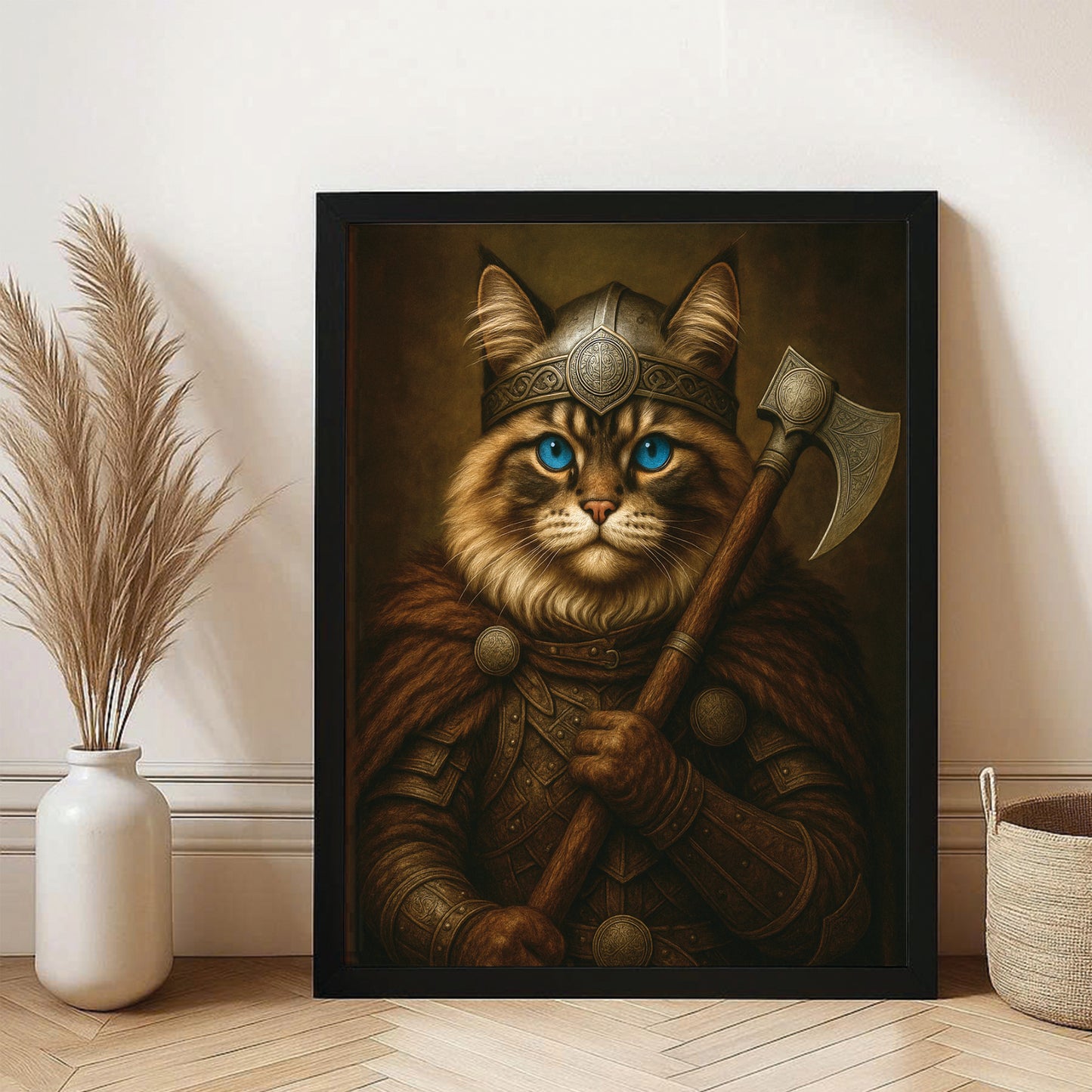 Custom Cat Photo Viking Warrior Canvas Framed Wall Art _ Gift For Cat