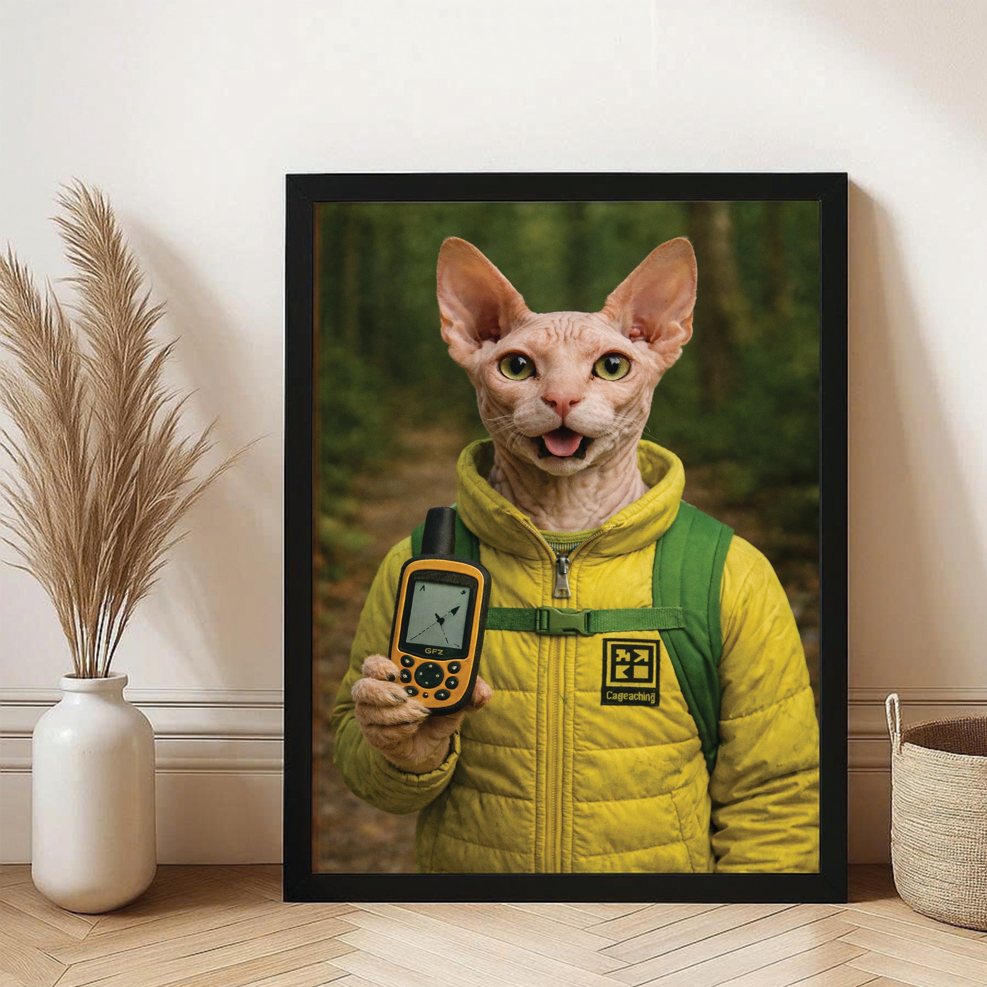 Custom Photo Geocaching Gps Adventure Cat Canvas Framed Wall Art  Gift For Cat Lovers