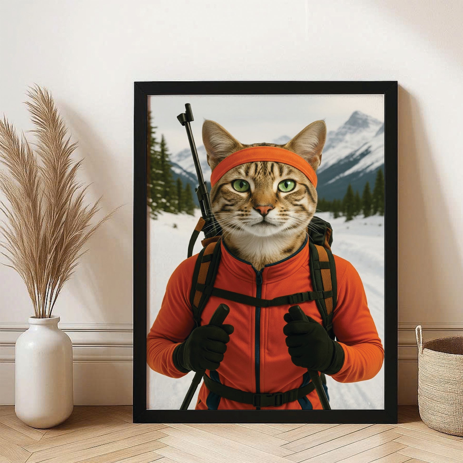 Custom Photo Biathlete Cross Country Skiing Cat Canvas Framed Wall Art Gift For Cat Lovers