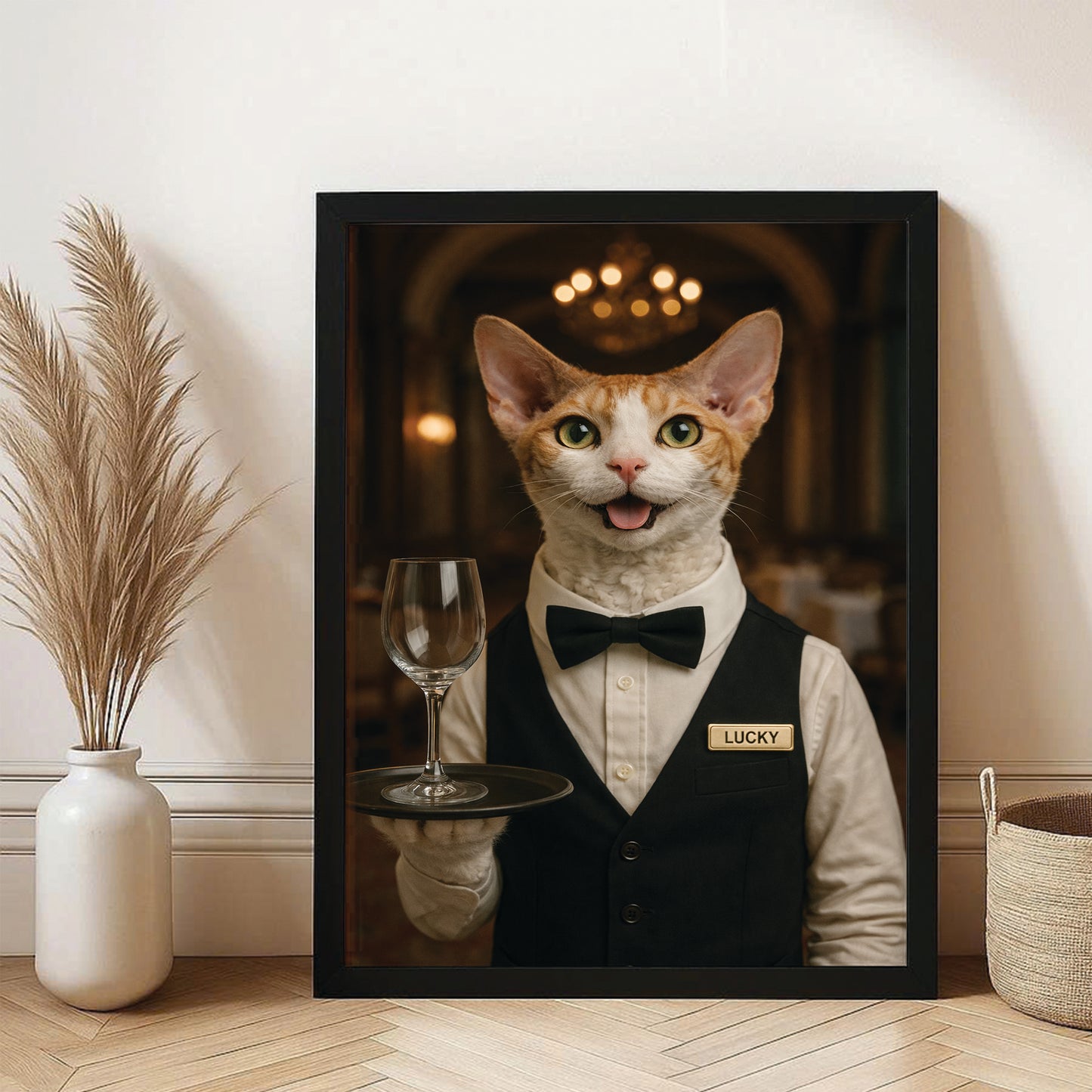 Custom Photo Cat Waiter Restaurant Canvas Framed Wall Art  Gift For Cat Lovers