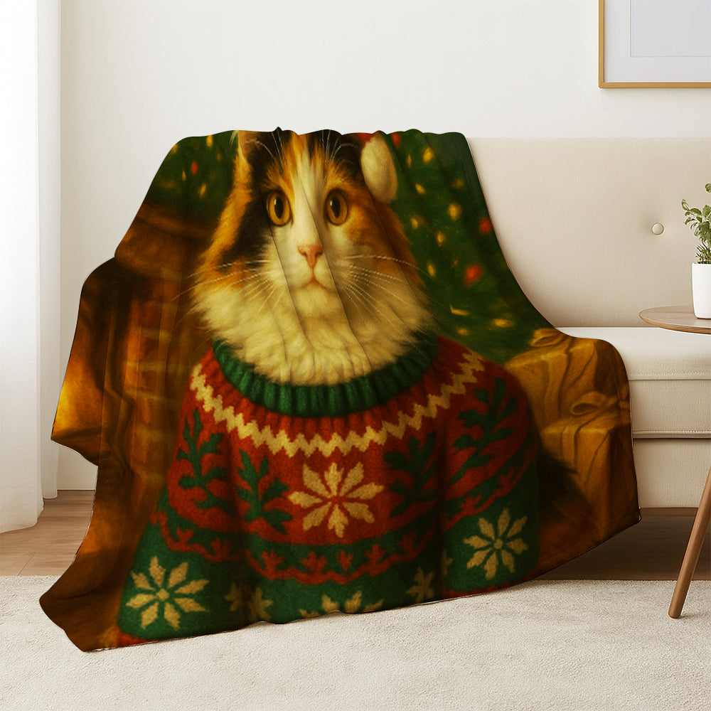 Custom Photo Cat Christmas Oufit Blanket