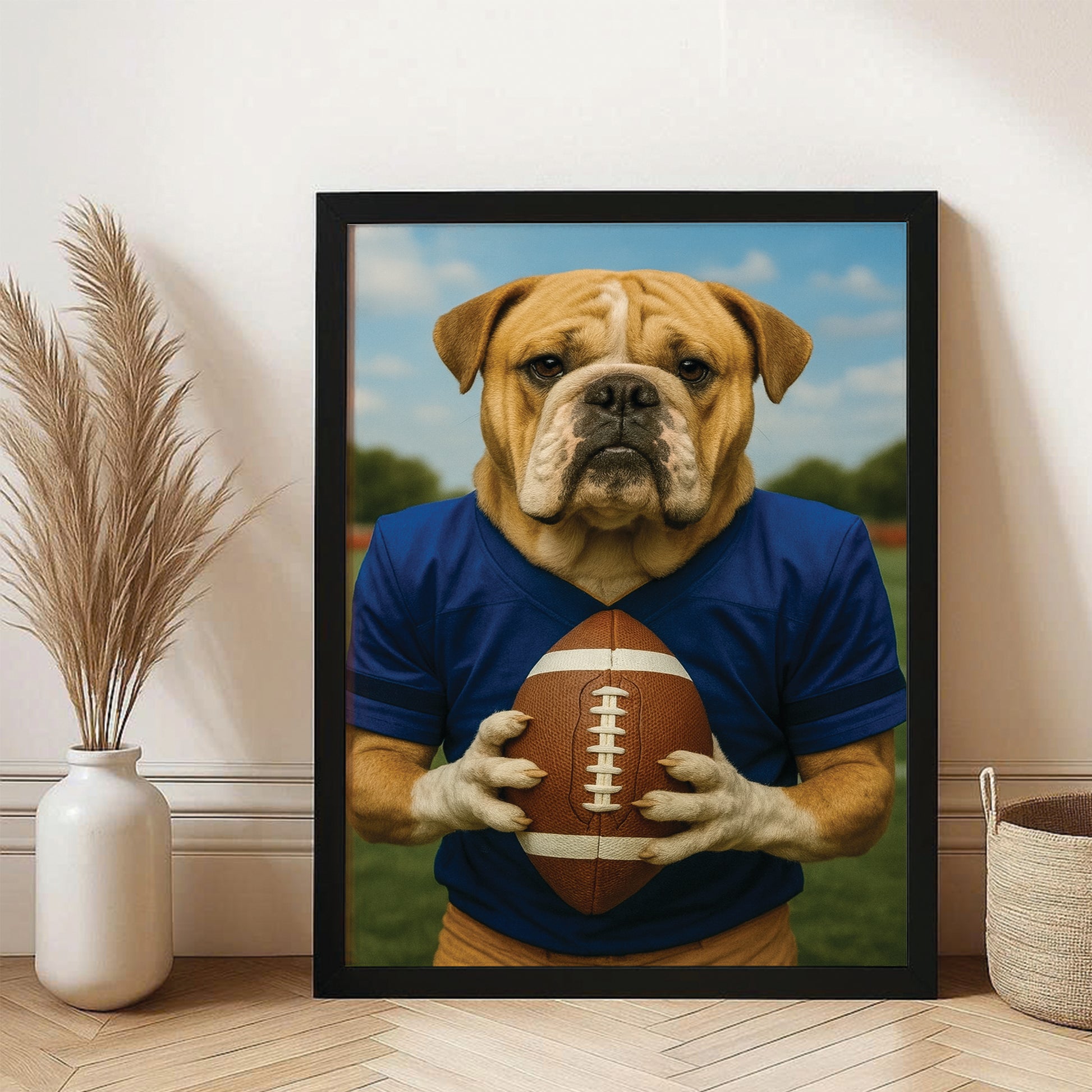 Custom Photo Football Player Dog Canvas Framed Wall Art Gift For Dog Lovers