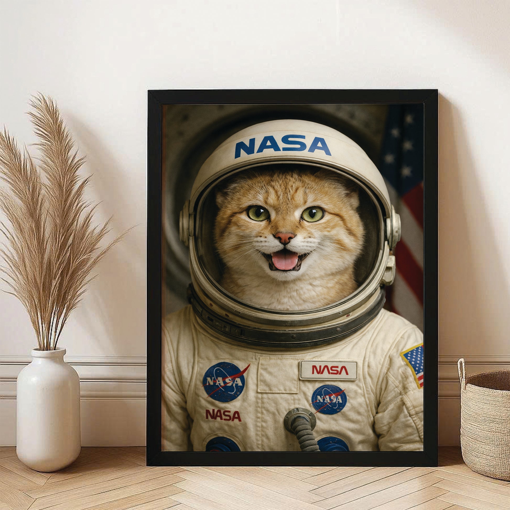 Custom Photo Astronaut Cat Canvas Framed Wall Art Gift For Cat Lovers